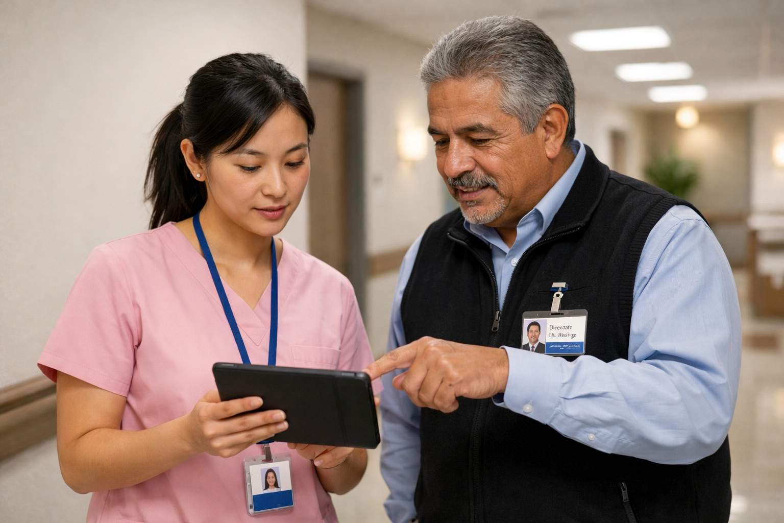 Director of Nursing and nurse collaborating on digital documentation in a professional healthcare setting.