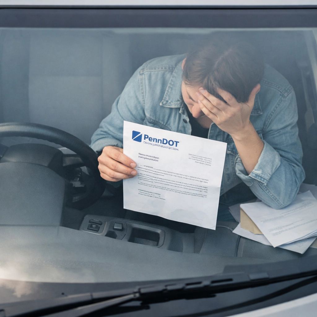 Driver reviewing PennDOT insurance notice in vehicle regarding PA car insurance requirements