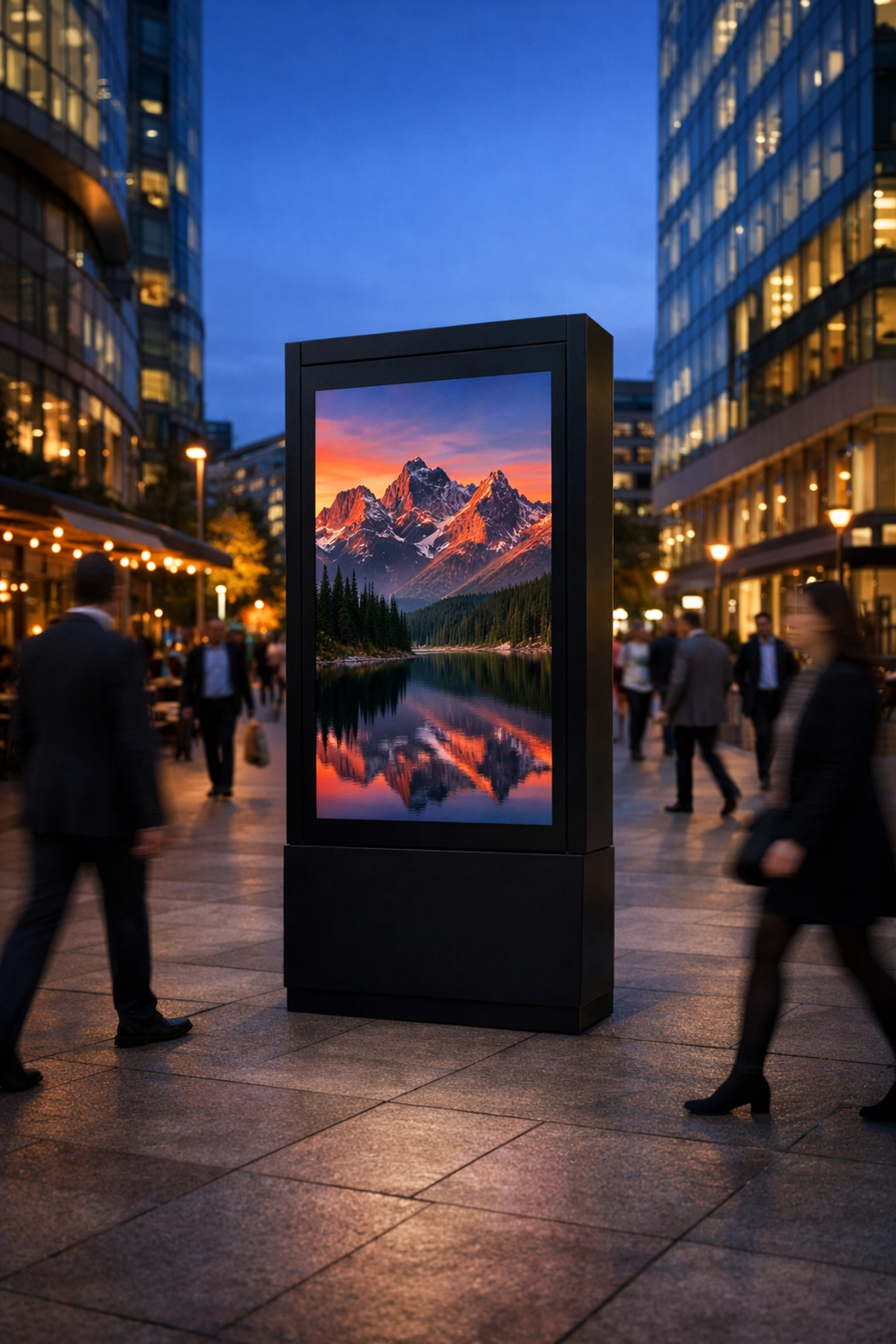 Modern smart city digital signage kiosk displaying high-definition content in a busy urban plaza.