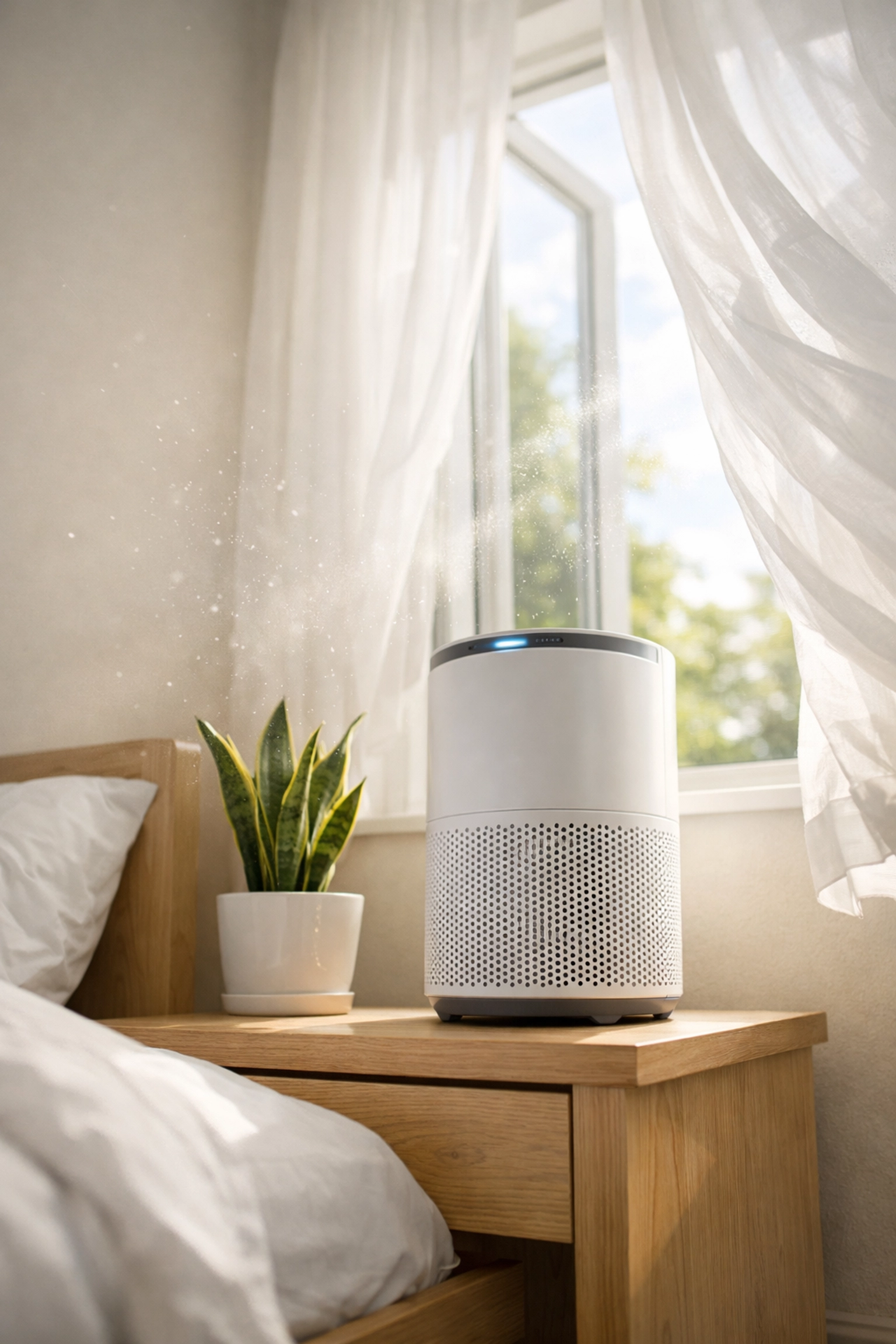 HEPA air purifier and open window providing fresh air circulation in wellness bedroom