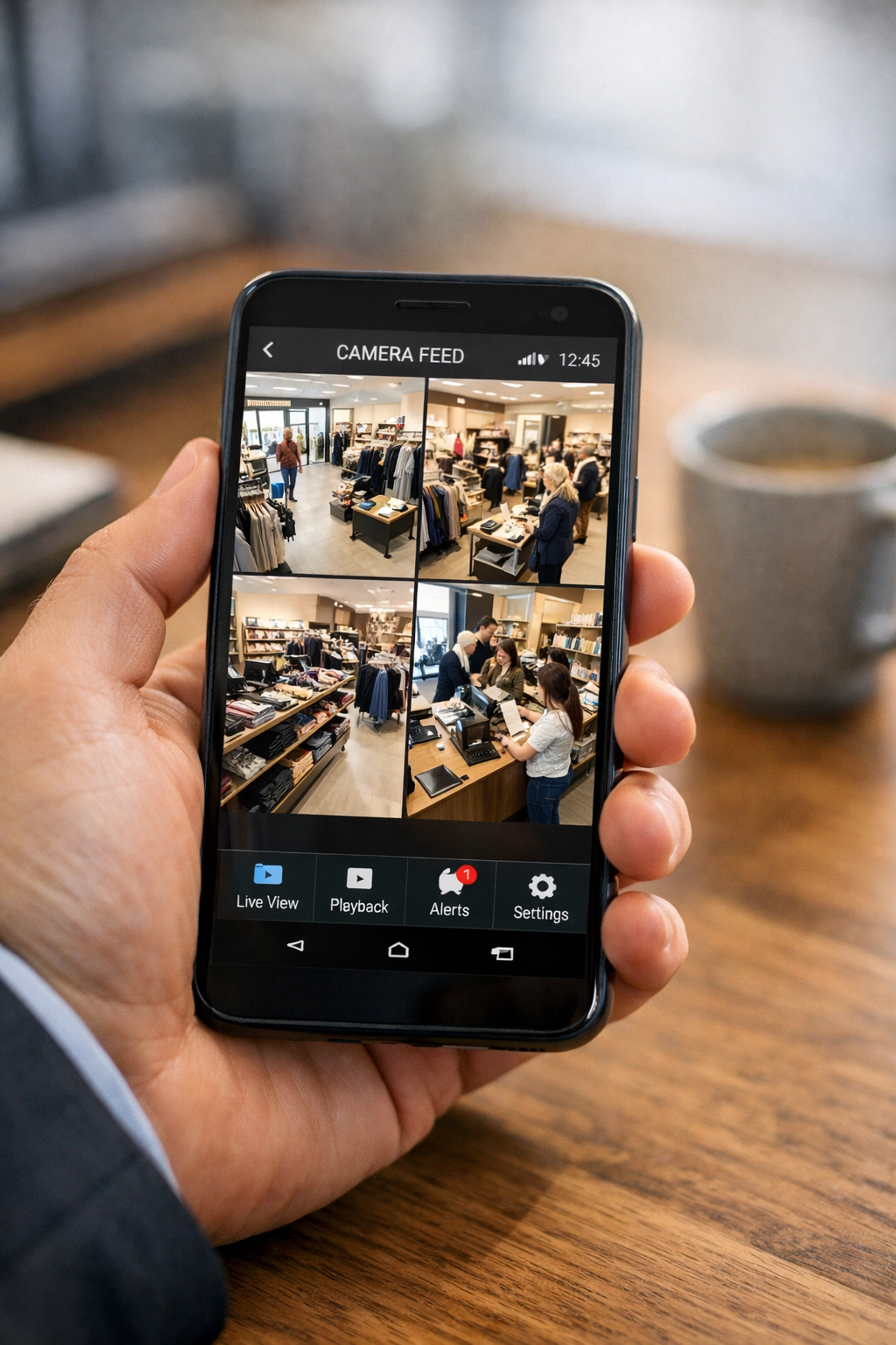 Business owner monitoring a retail shop security feed via a smartphone app in a Hereford office.