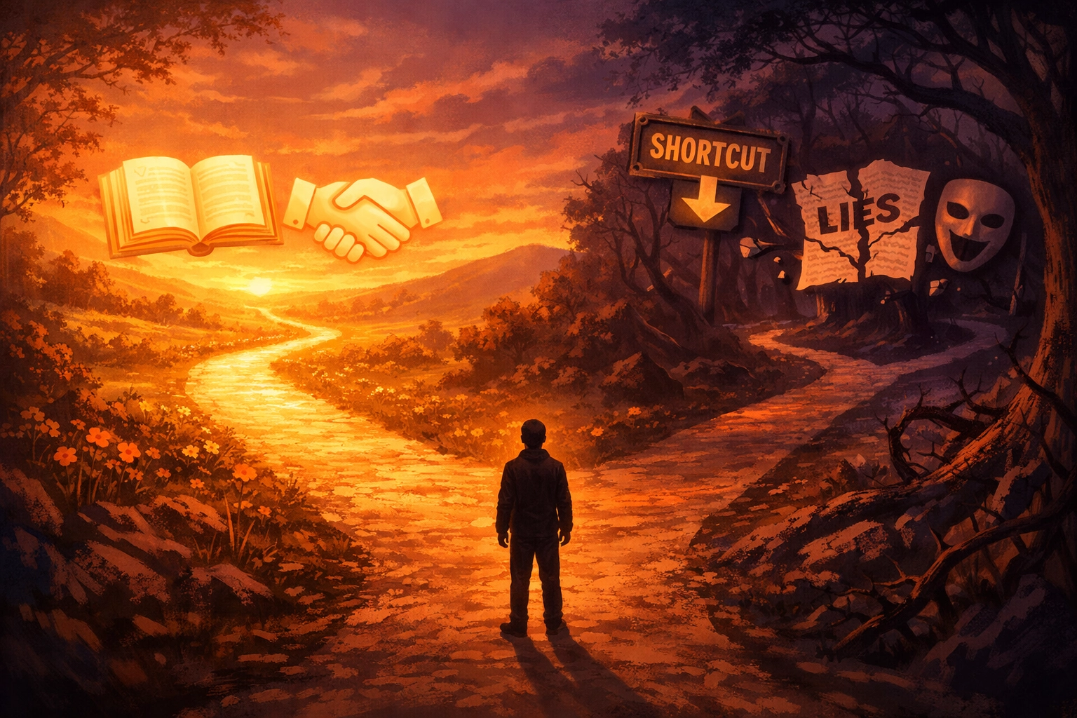 Crossroads showing honest path versus shortcut path illustrating moral choices for Christian families