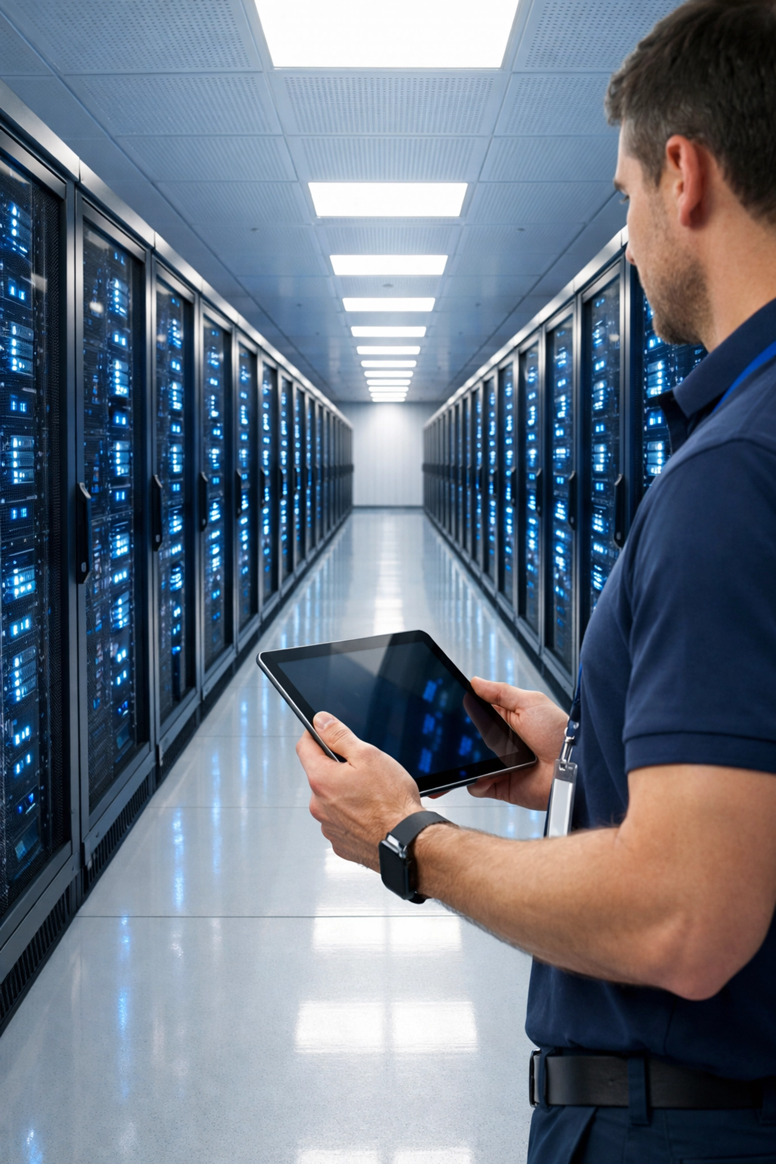 Technician managing a modern data center with a tablet, ensuring ServiceNow ITOM platform upgrade readiness.