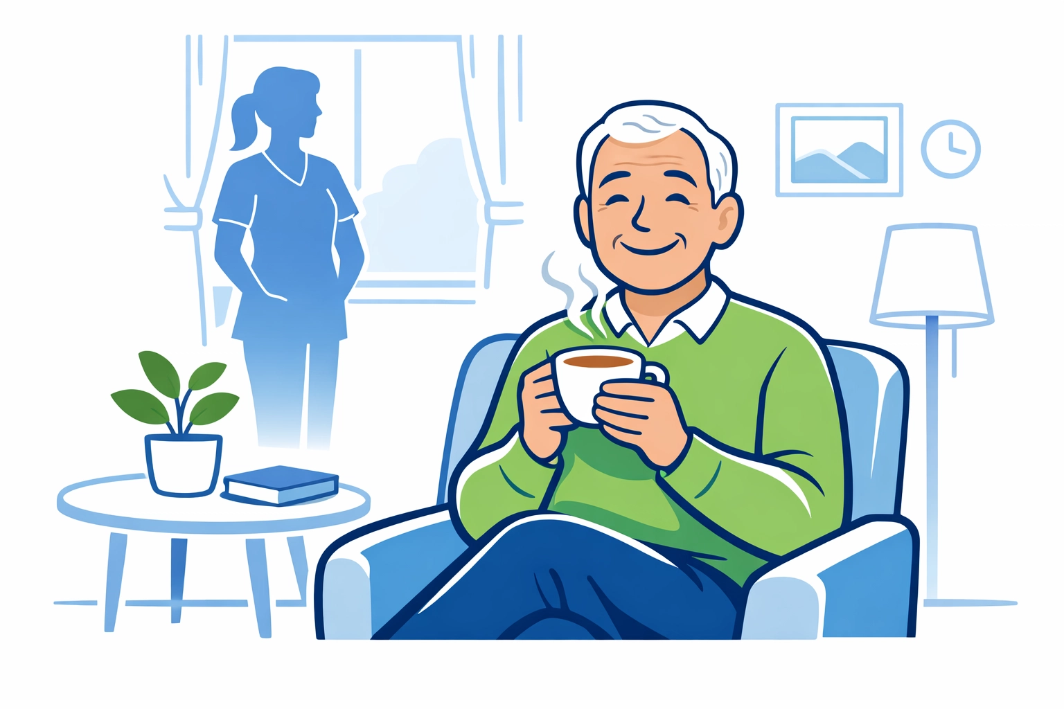 Happy senior man enjoying companion care at home in Austin TX, feeling safe and supported by a caregiver.