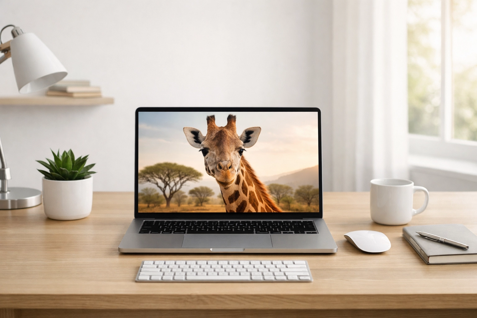 Laptop on a clean desk displaying a giraffe wildlife stock photo, showing a simple digital media workflow.