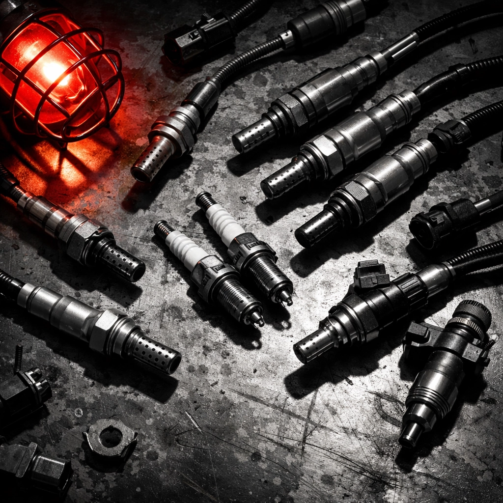 Assorted engine components and sensors on a steel workbench representing common auto repair parts.