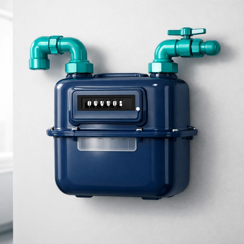 A standard diaphragm business gas meter installed in a modern office utility room.