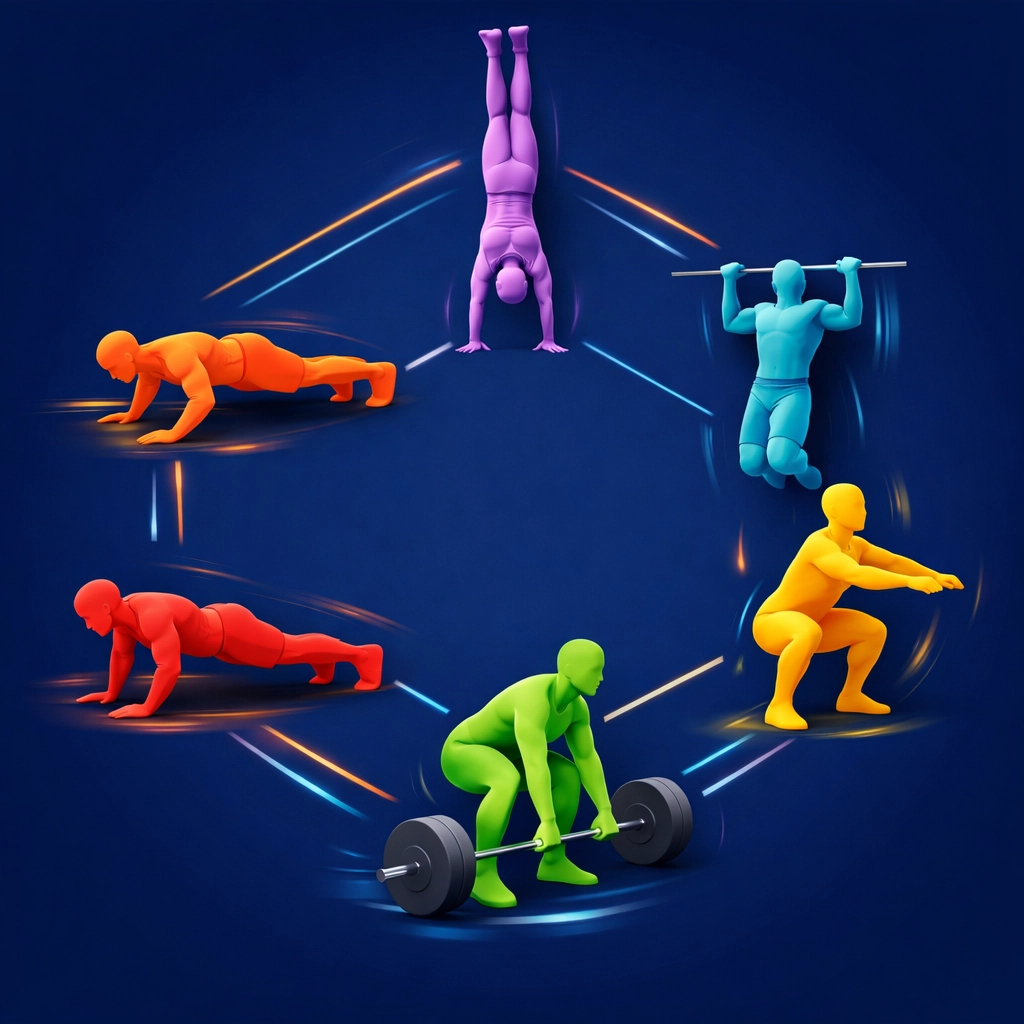 Six core movement patterns for calisthenics training including push, pull, squat, and plank exercises