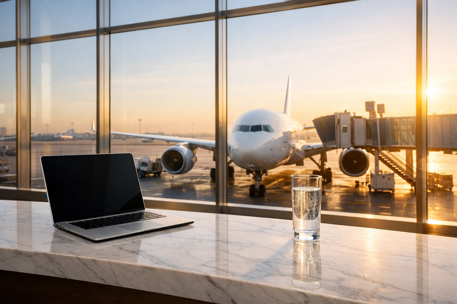 Modern airport terminal with a laptop and luxury jet, representing stress-free travel planning and booking.