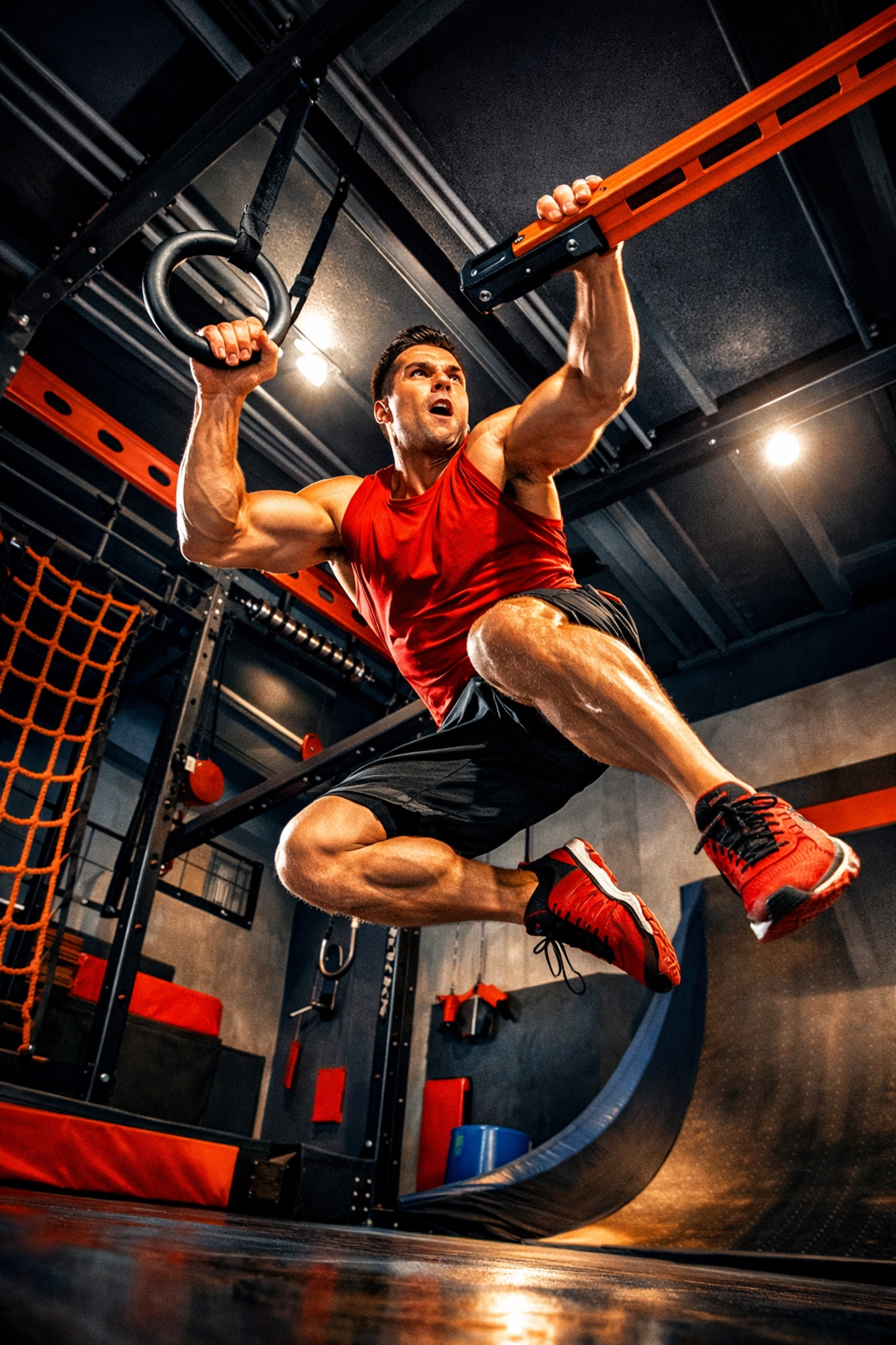 Ninja Warrior athlete training with gymnastic rings and a floor to ceiling gym for elite strength.