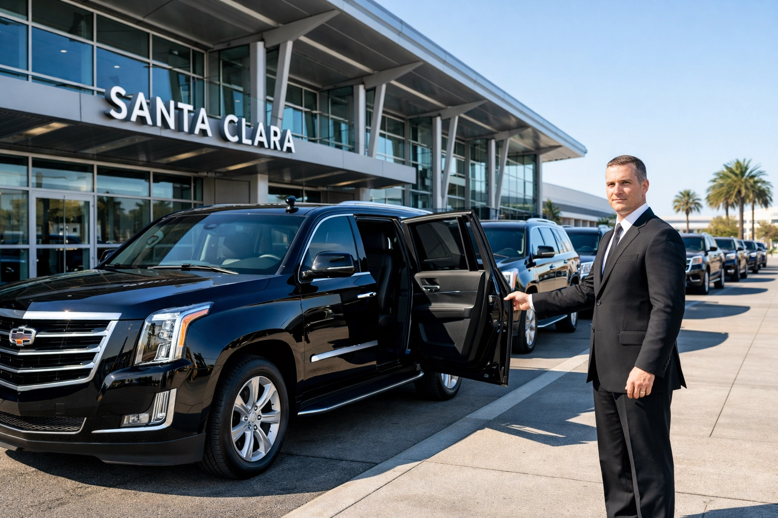 Luxury black SUV fleet and professional chauffeur for elite Super Bowl VIP transportation in Santa Clara.