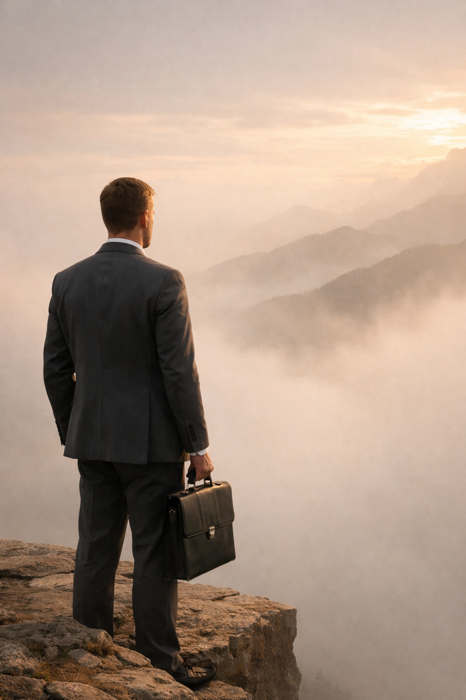 Executive facing misty horizon symbolizing hidden emotional barriers to career advancement