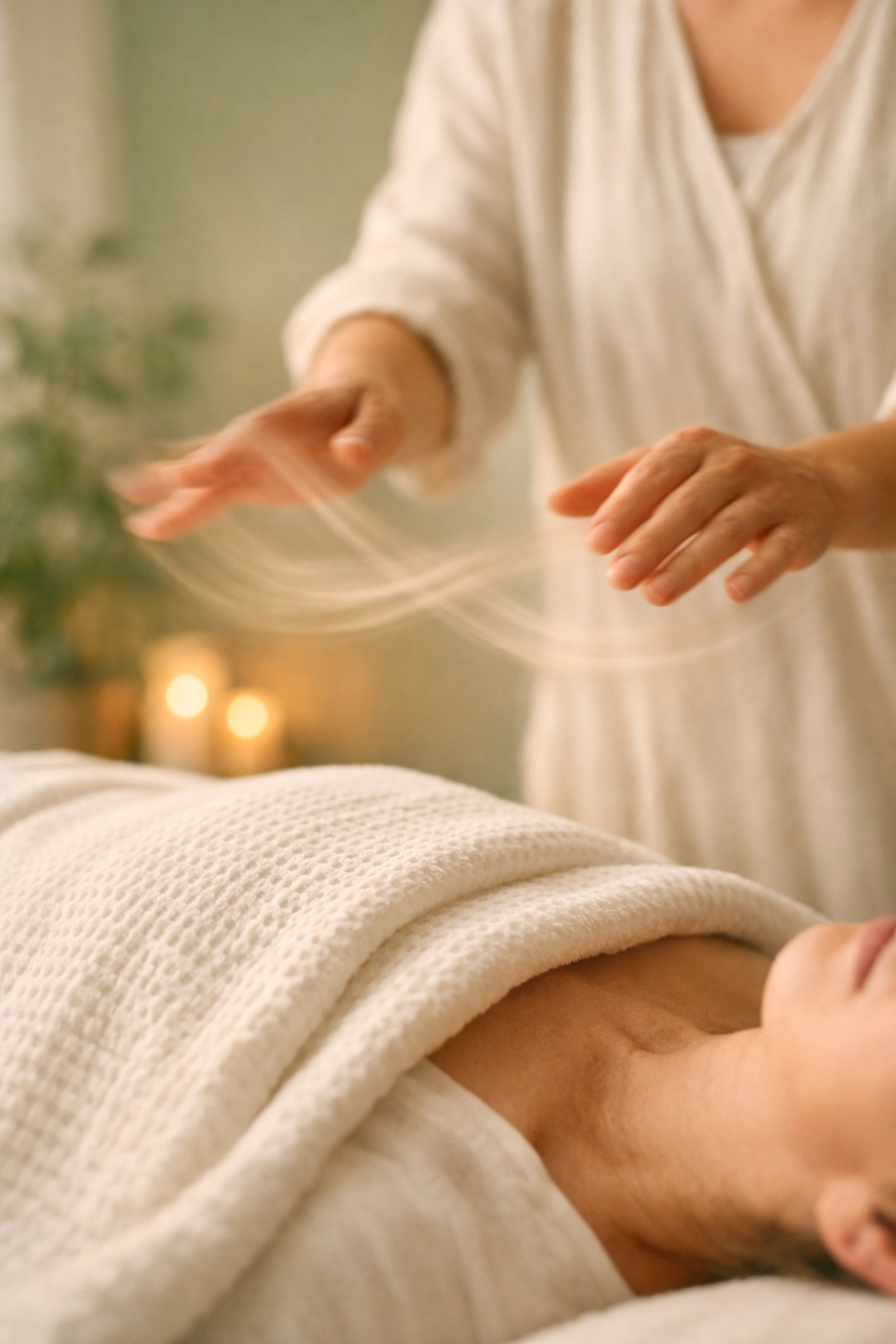 A practitioner performs fluid figure eight motions during an energy healing session for restoration
