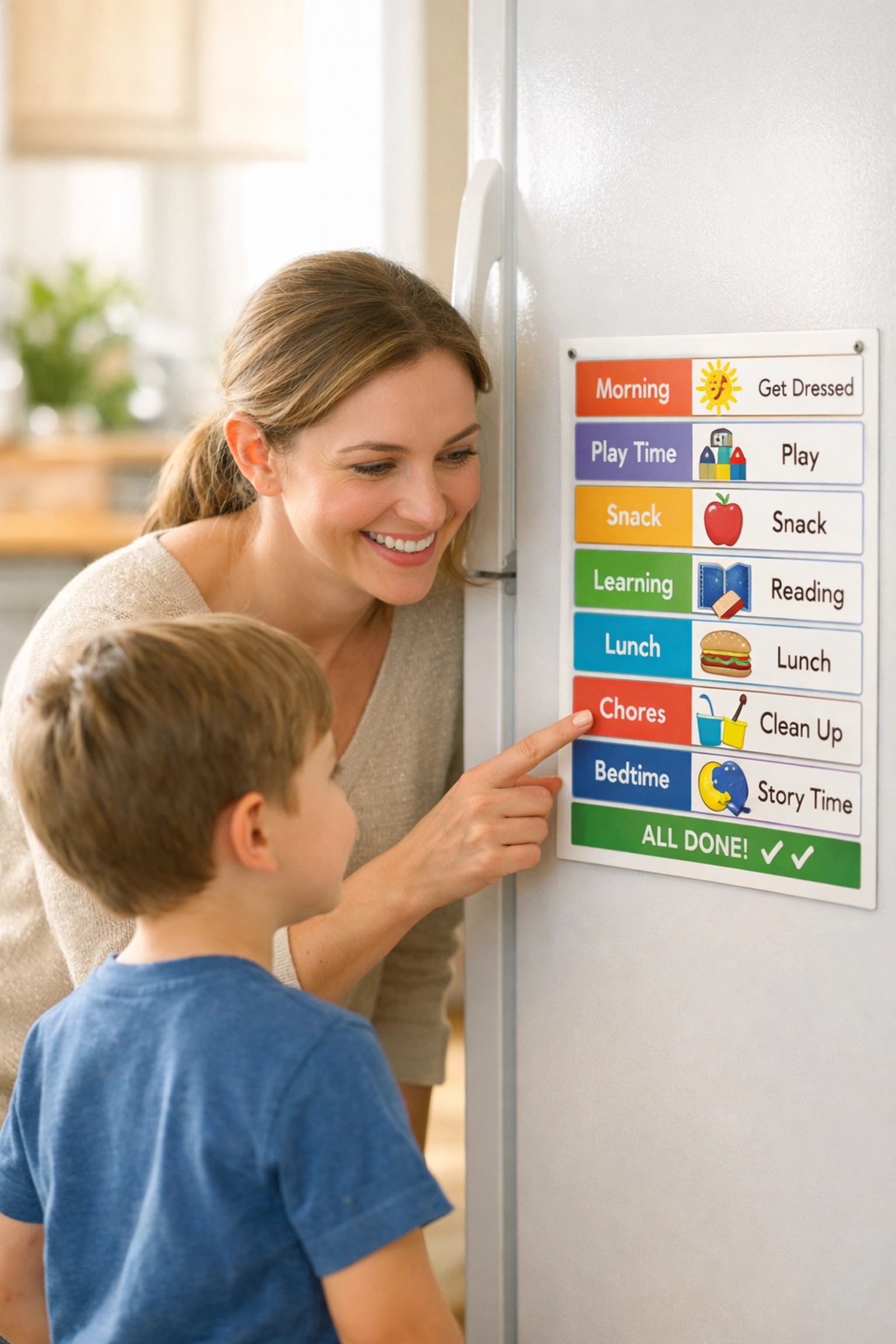 Mother and child using a visual schedule for behavior management in a Georgia home kitchen.