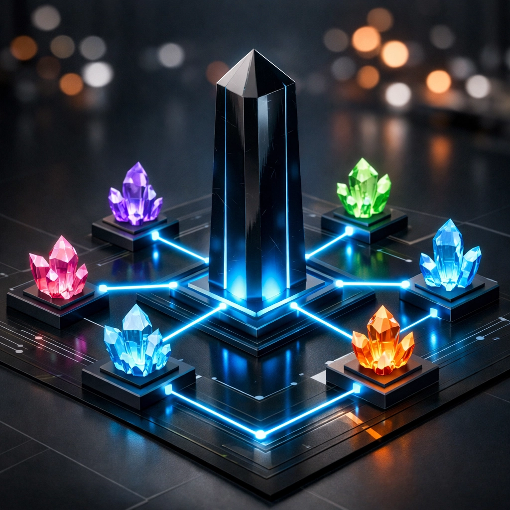 Visual representation of a topic cluster architecture with a central pillar page and supporting cluster content.