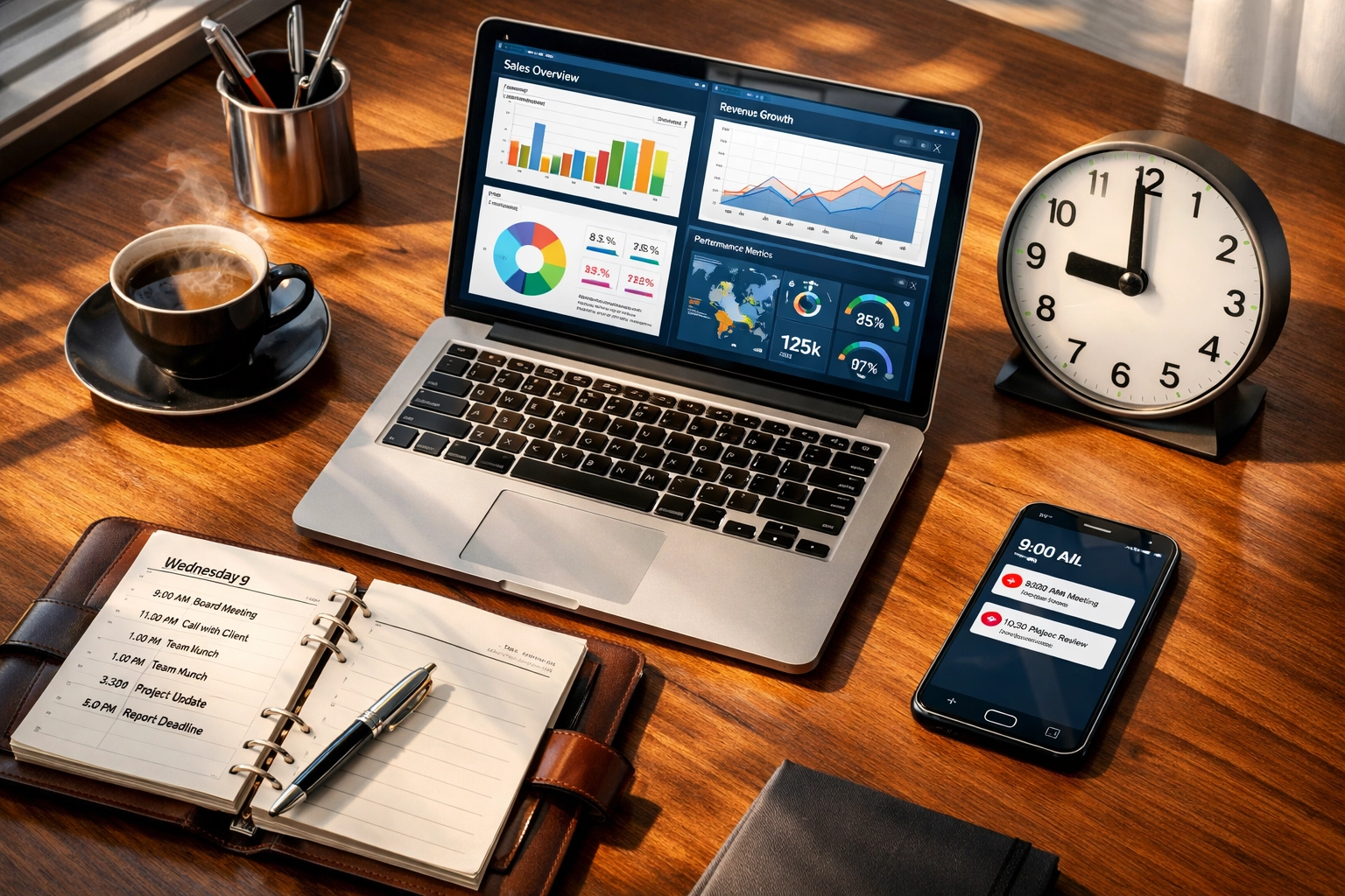 Executive workspace at 9AM with analytics dashboards managing Dakdan's portfolio rotation framework
