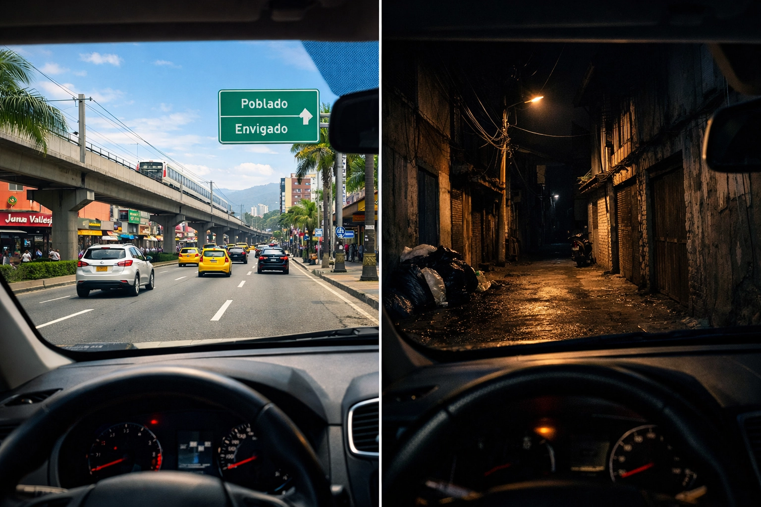Comparison of well-lit main avenue versus dark side street in Medellin showing safe route selection