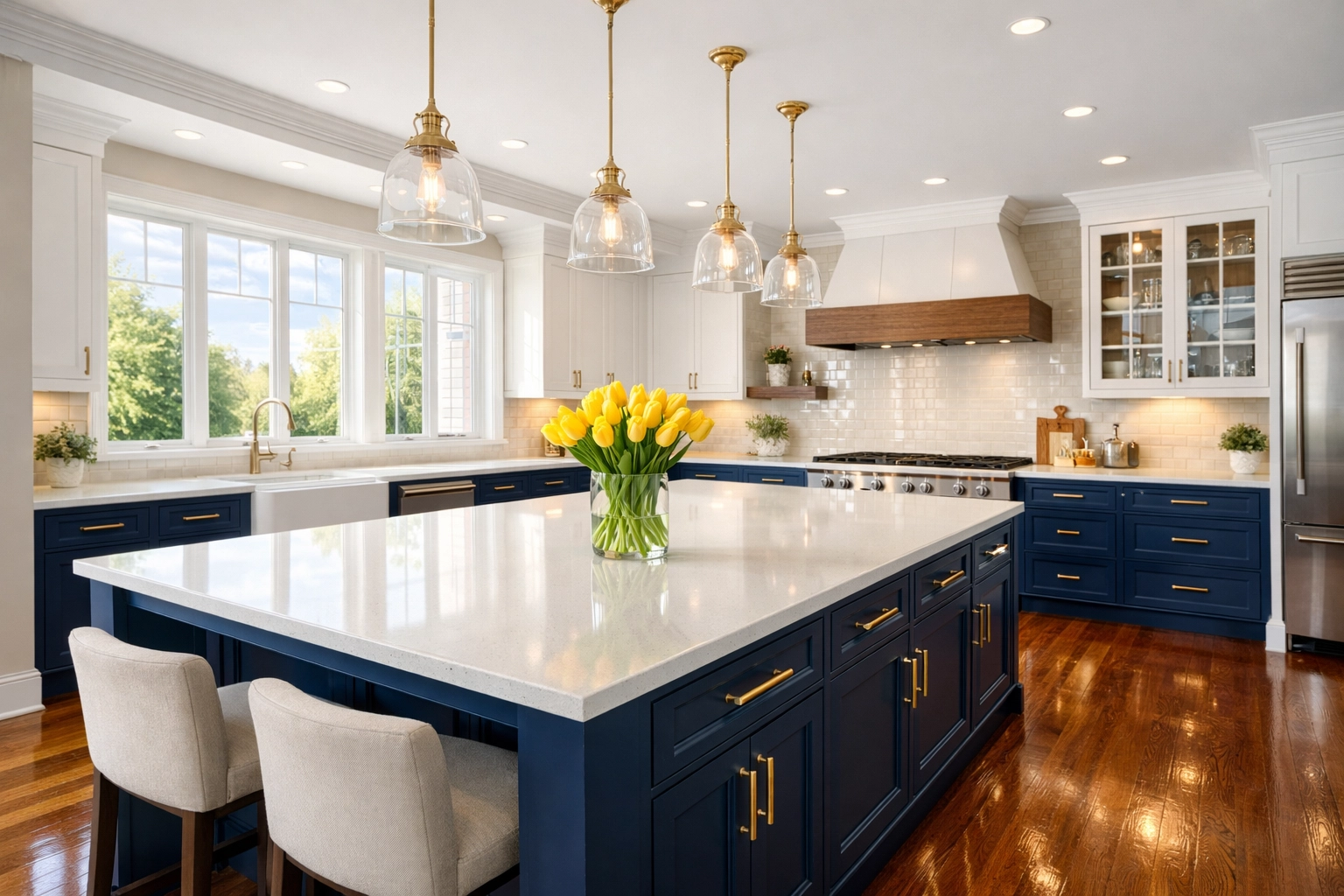 Professional Worcester house cleaning results in a luxury kitchen with sparkling blue and white decor.