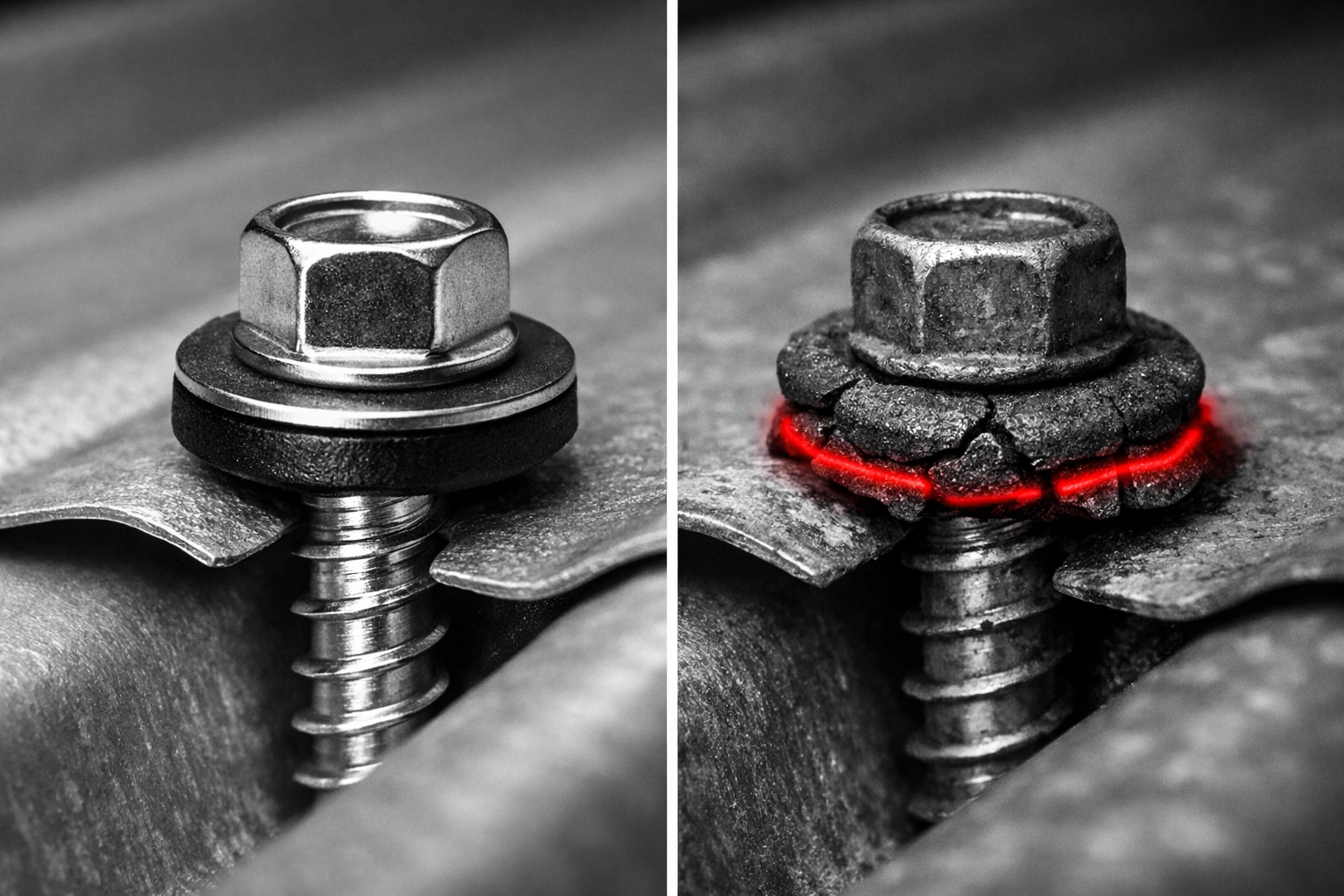 Comparison of new vs failed metal roof screw washer after 15 years of weathering and UV damage