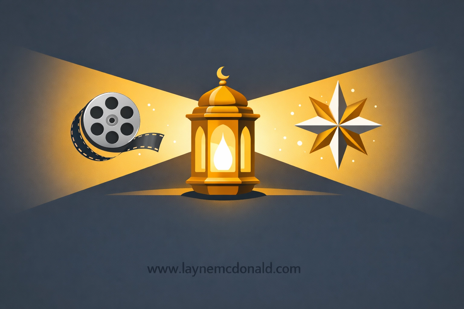 A glowing lantern illuminating a film reel symbolizing Christian media discernment.