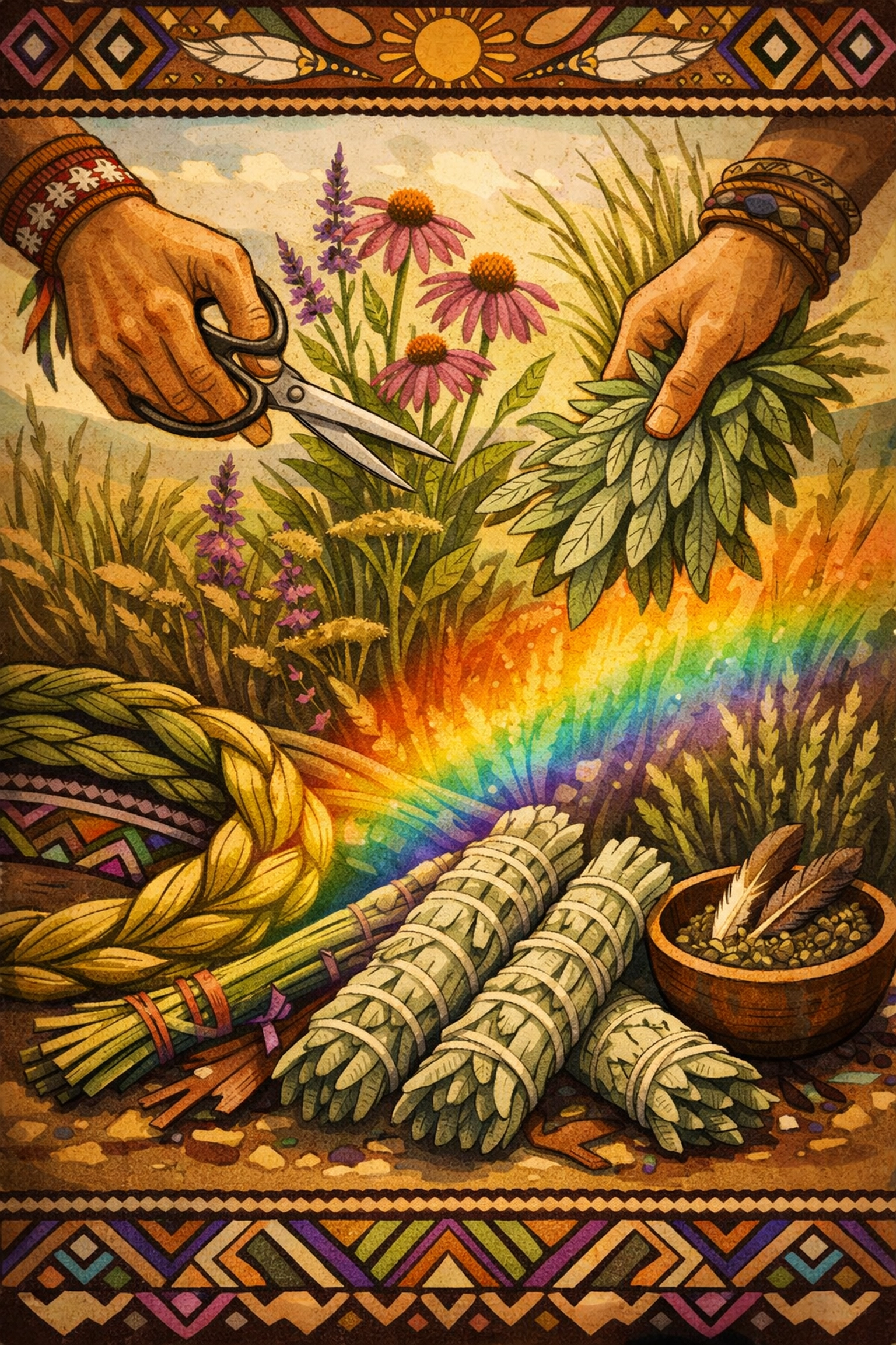 Harvesting sweetgrass and traditional medicines representing Two-Spirit cultural reclamation