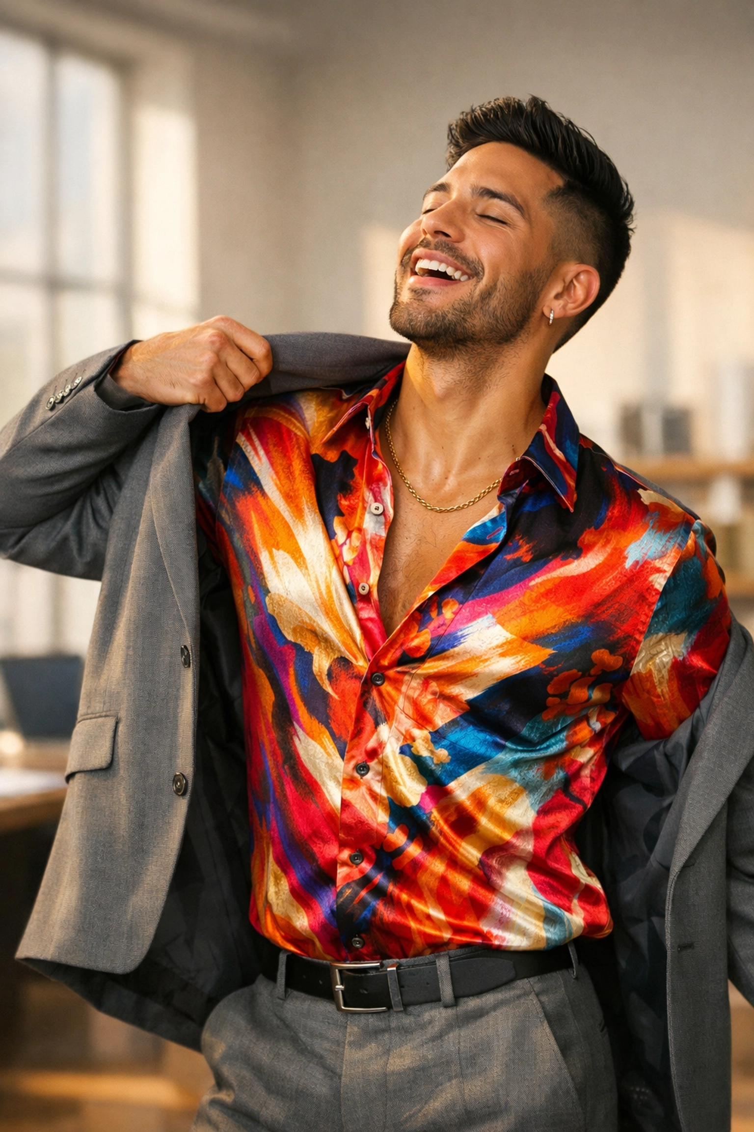 Confident gay professional revealing a vibrant shirt under a suit, symbolizing workplace authenticity and queer leadership.
