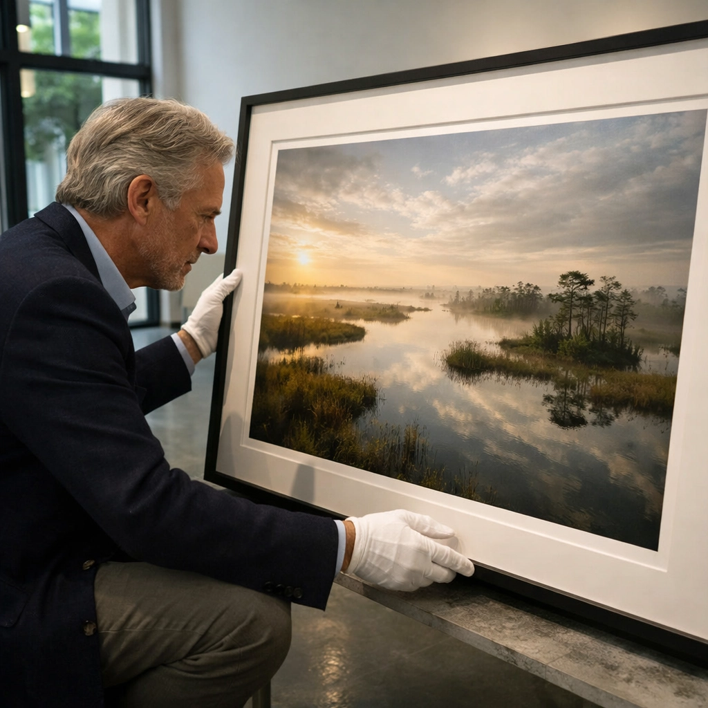 Art collector in a Miami gallery inspecting limited edition photography prints with white gloves.