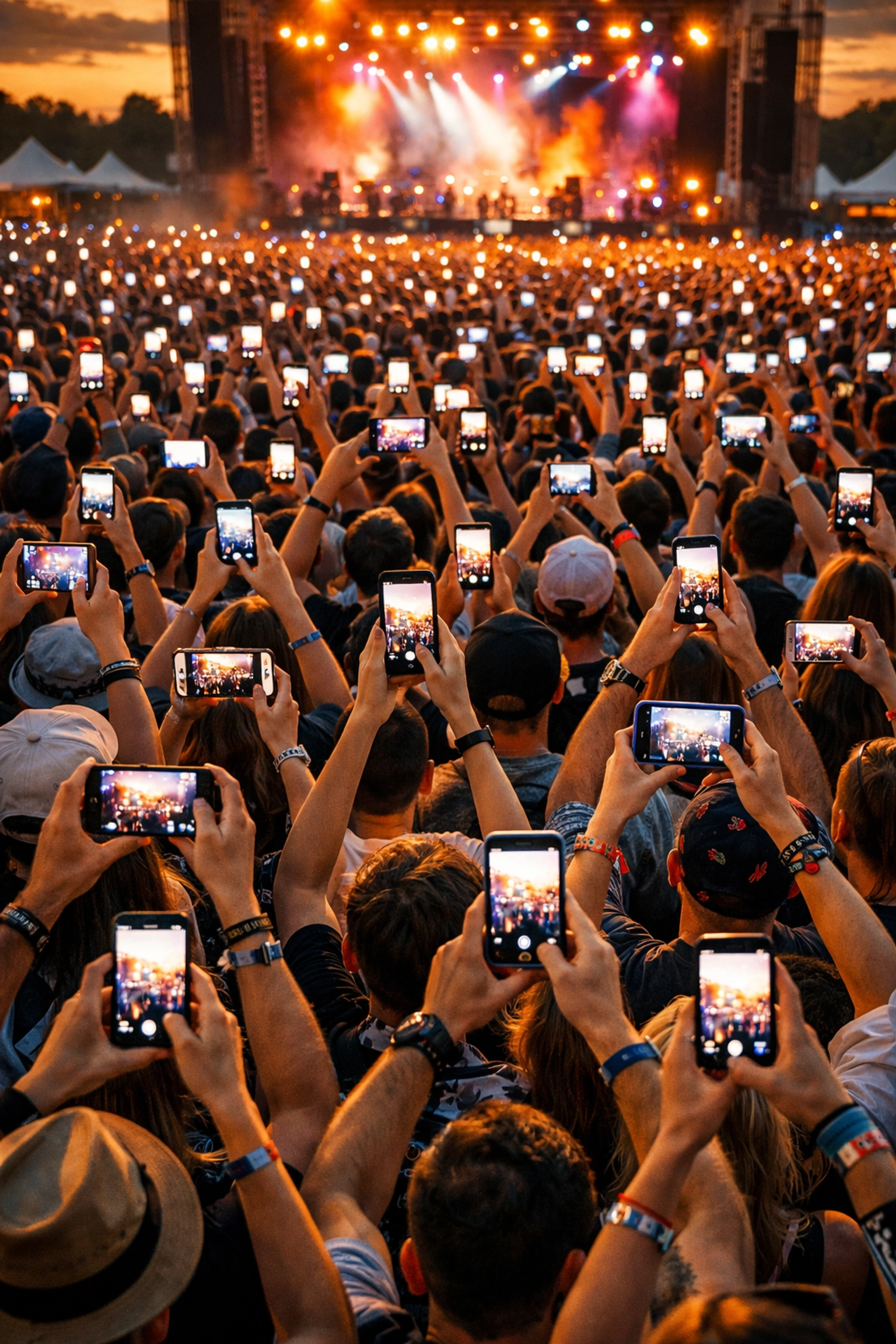 Festival crowd holding up smartphones recording and posting to social media with event WiFi