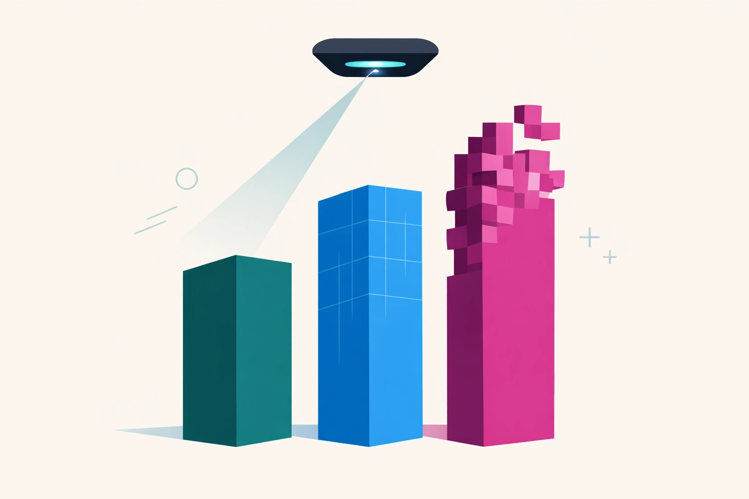 Three geometric pillars illustrating a phased strategic roadmap for AI search engine visibility.