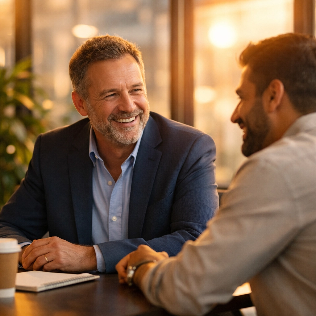 Interacción humana y profesional entre un líder y su cliente basada en la confianza.