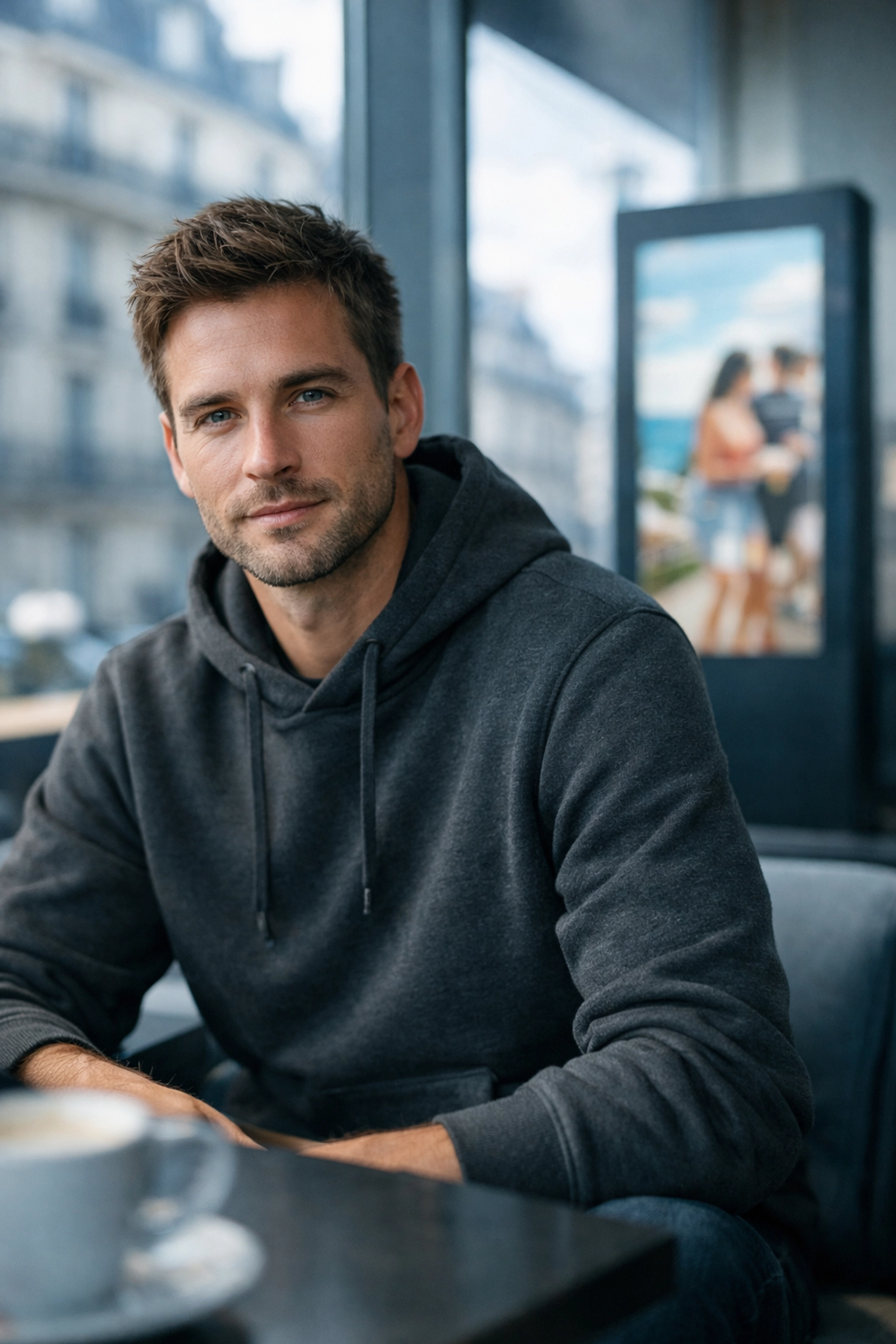 Professional in a Paris cafe near a digital advertising screen showing hyper-targeted global DOOH content.
