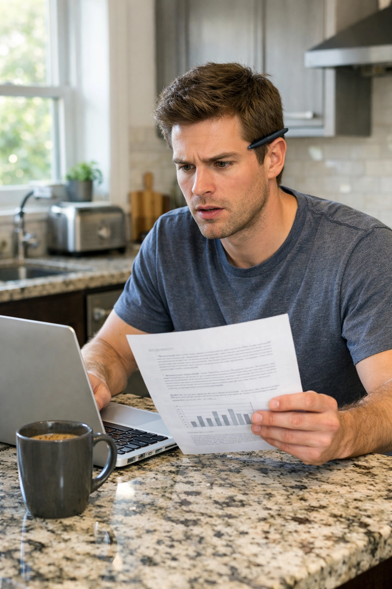 A man at a kitchen counter reviewing home ownership costs and Texas property tax documents.