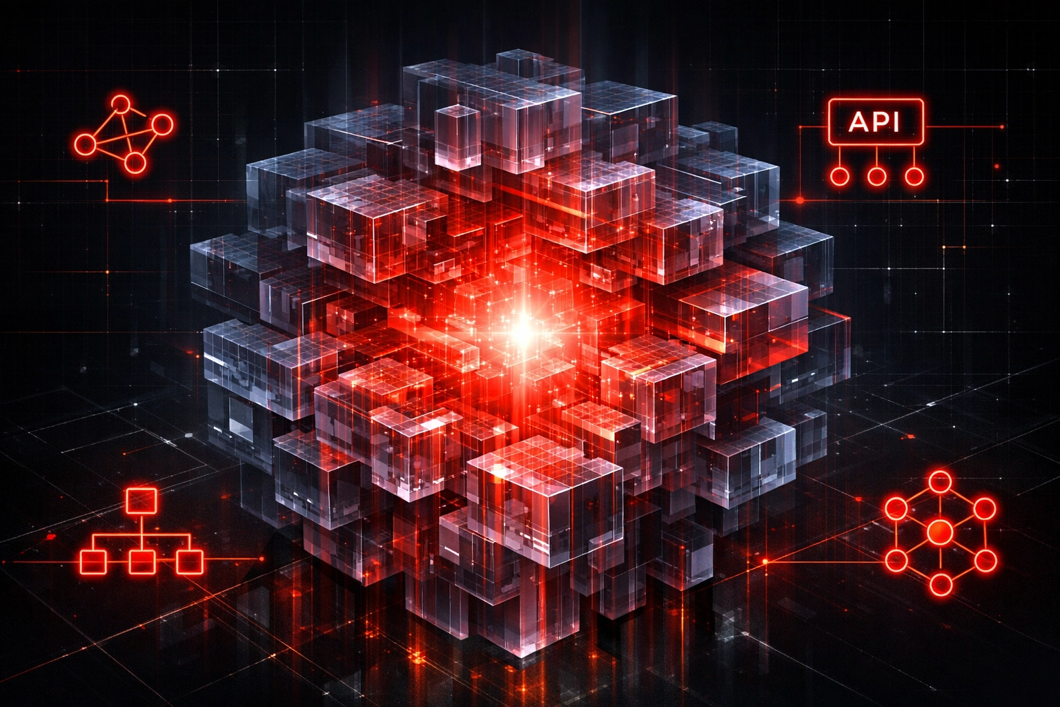 Glowing red geometric structures representing structured data and APIs for AI agent discovery.