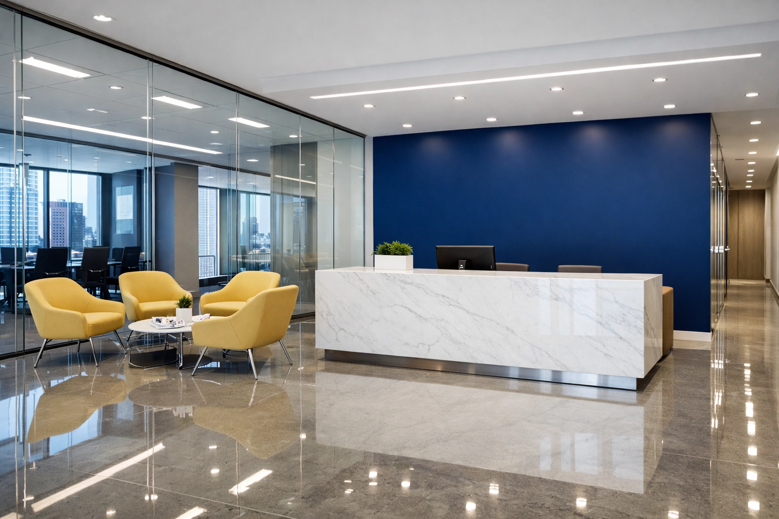 Spotless Boston office lobby after professional post-construction cleaning MA for a grand opening.