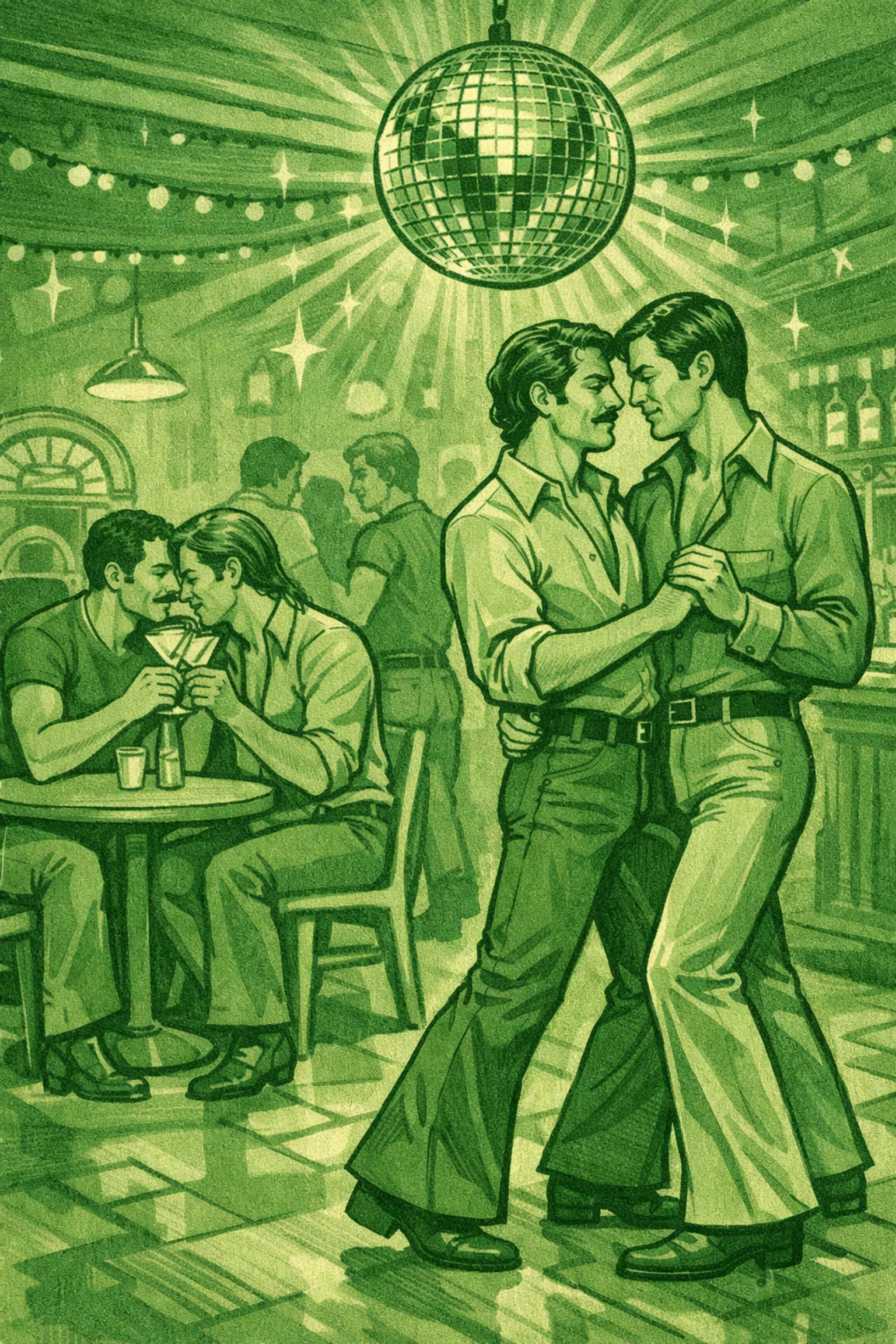 Gay bar scene from 1970s with men dancing and sharing martinis during liberation era