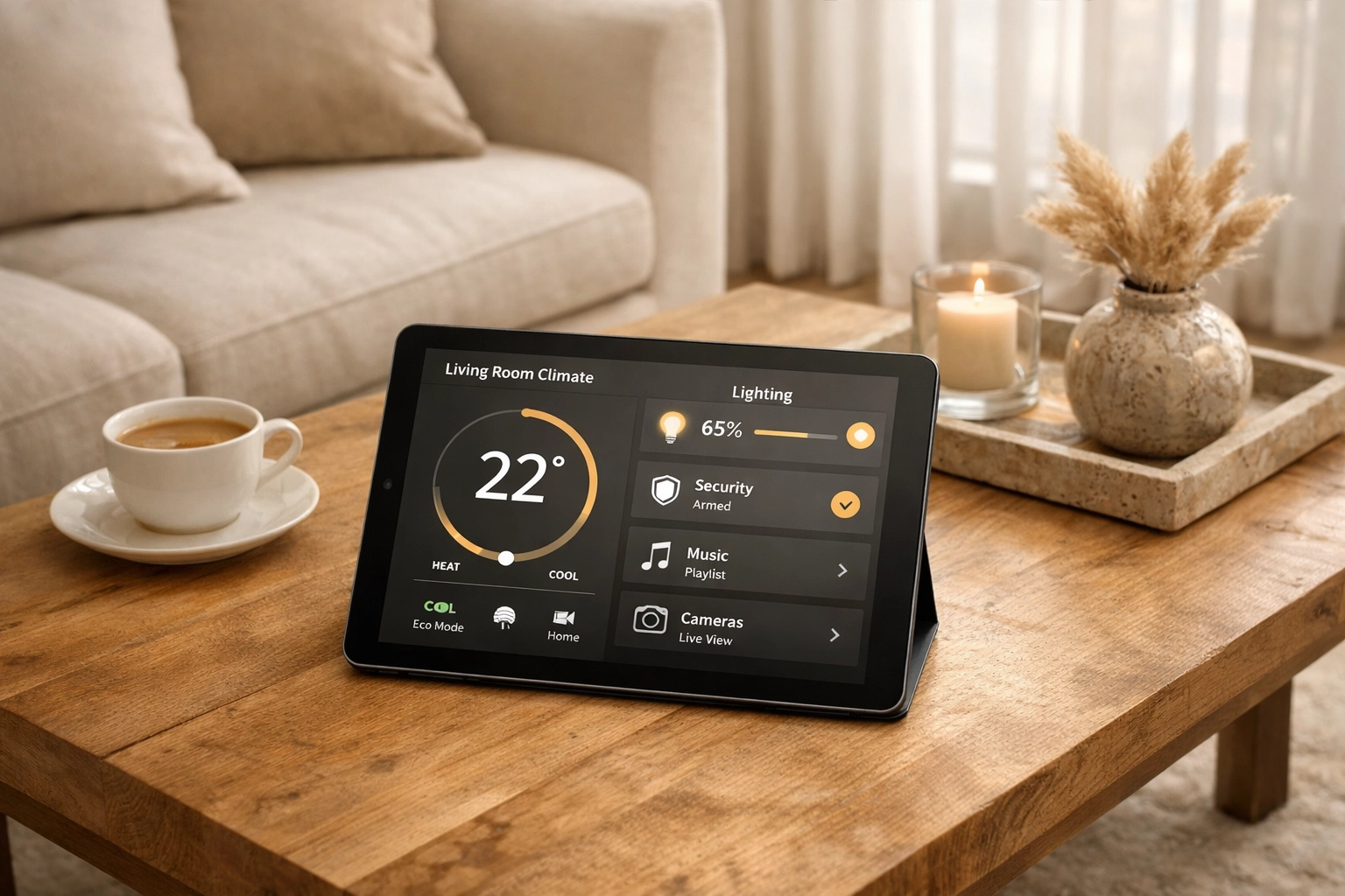 Smart home technology tablet controlling luxury vacation rental amenities