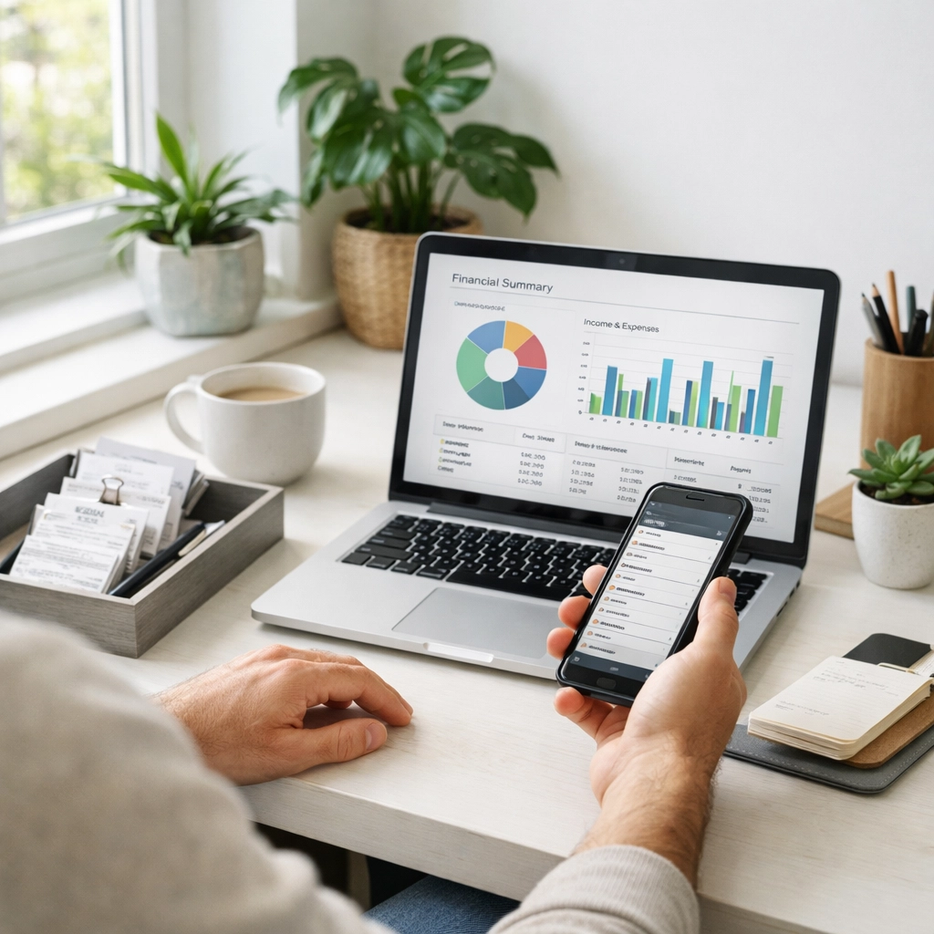 Self-employed freelancer managing receipts and financial reports at home office desk