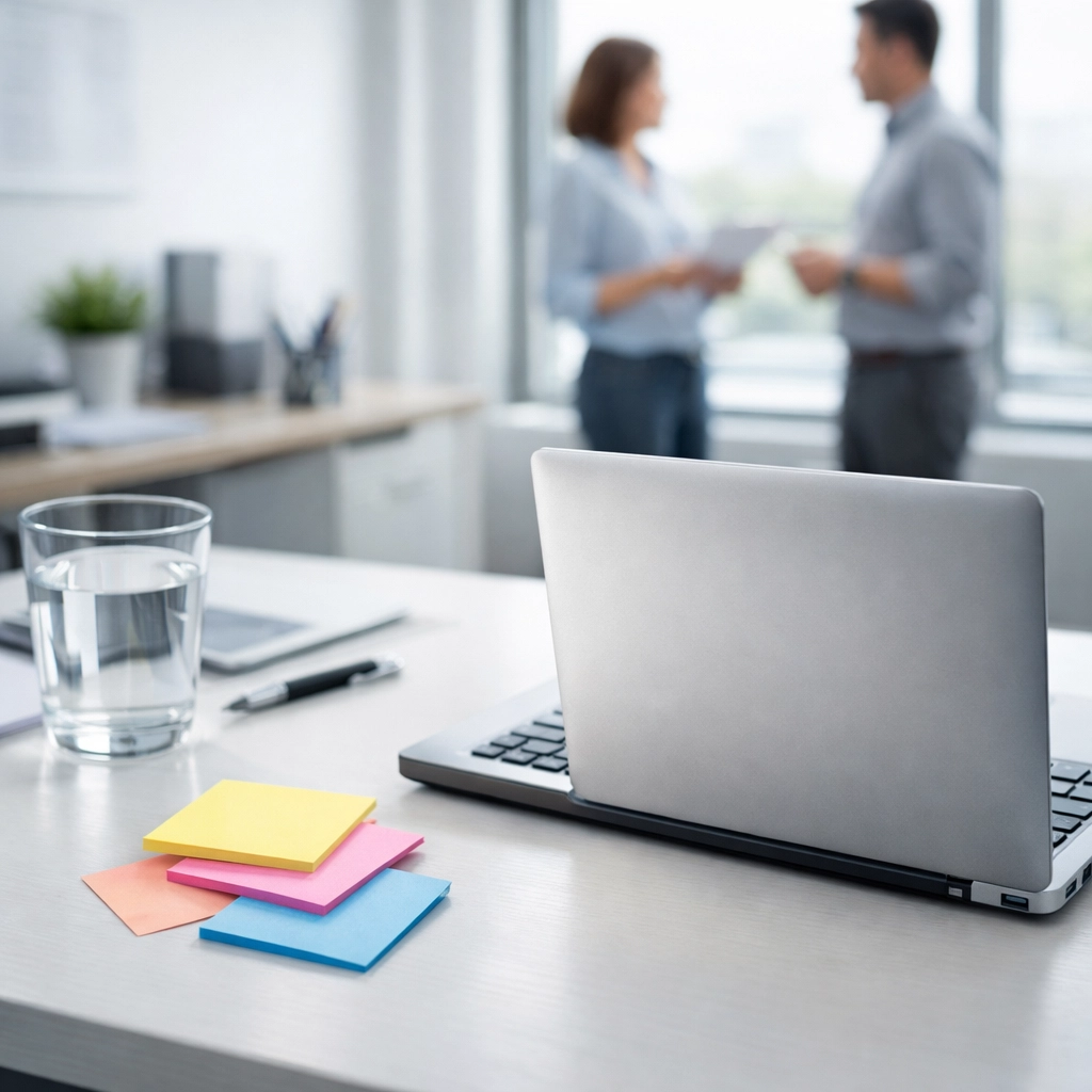 Office desk with a laptop and sticky notes illustrating traditional team email management challenges.