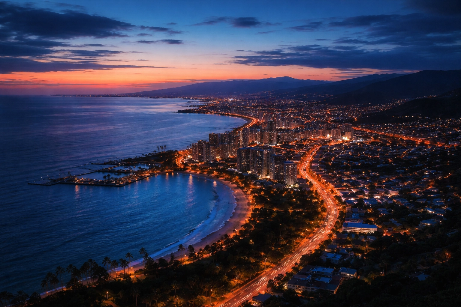Drone photo of a coastal city at blue hour with glowing city lights, demonstrating optimal timing for cinematic FPV footage.
