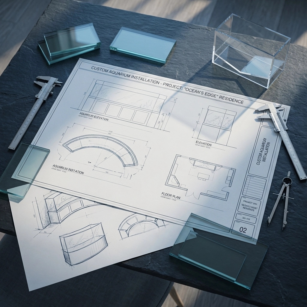 Blueprints and design tools for a custom aquarium installation, showing the planning process for unique spaces.