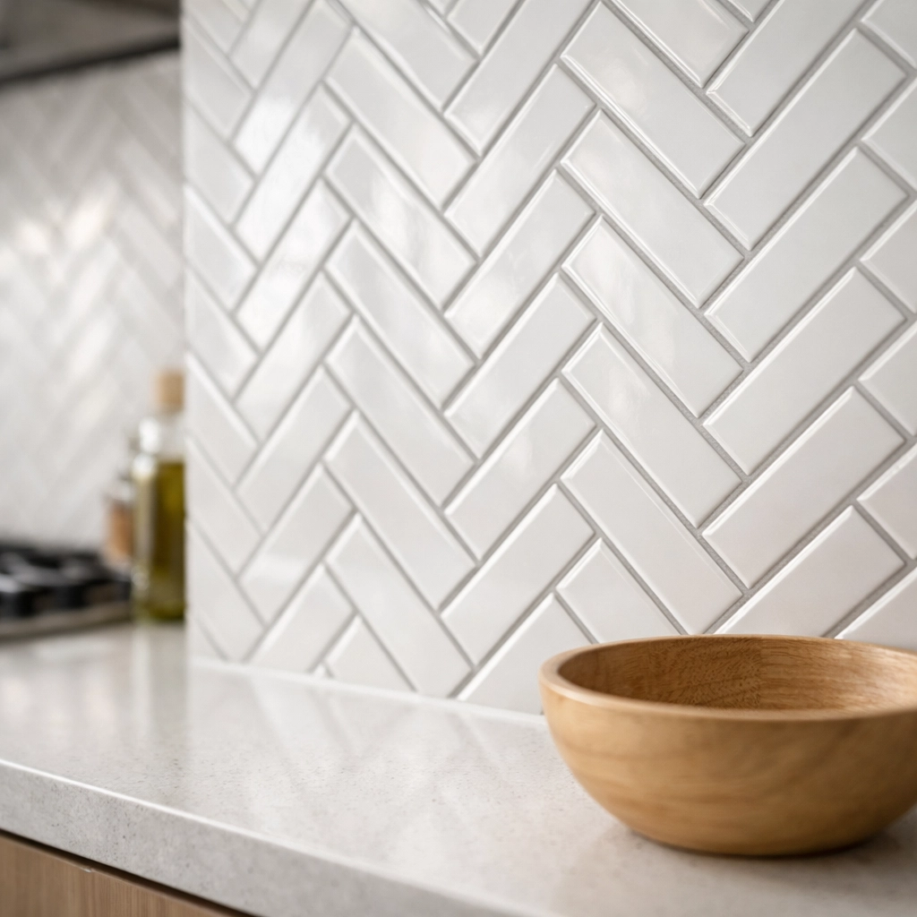 Elegant herringbone tile installation in an Orlando kitchen featuring white subway tiles and quartz countertops.