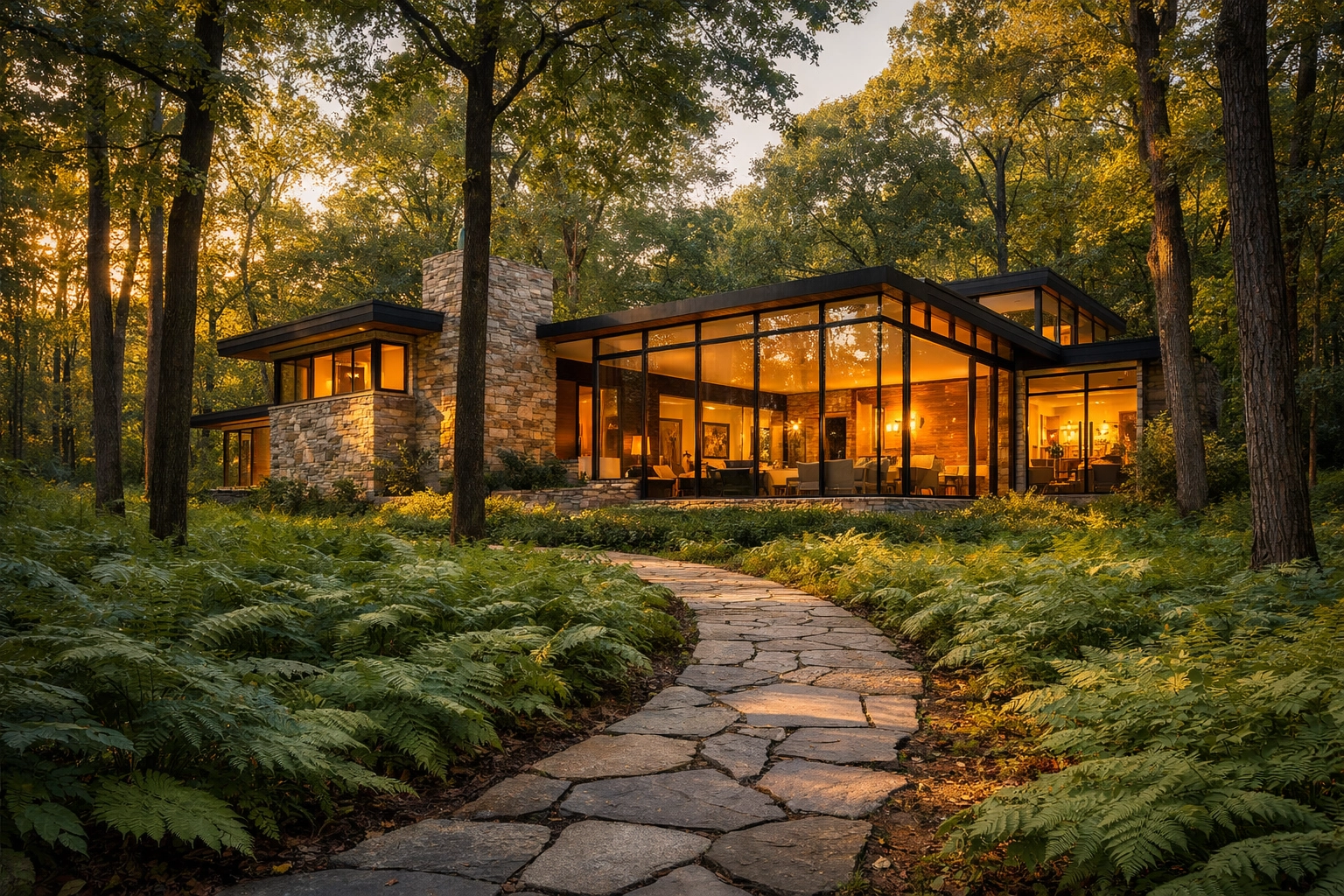 Modern luxury home in Riverwoods, IL, featuring stone and glass architecture in a serene North Shore forest.