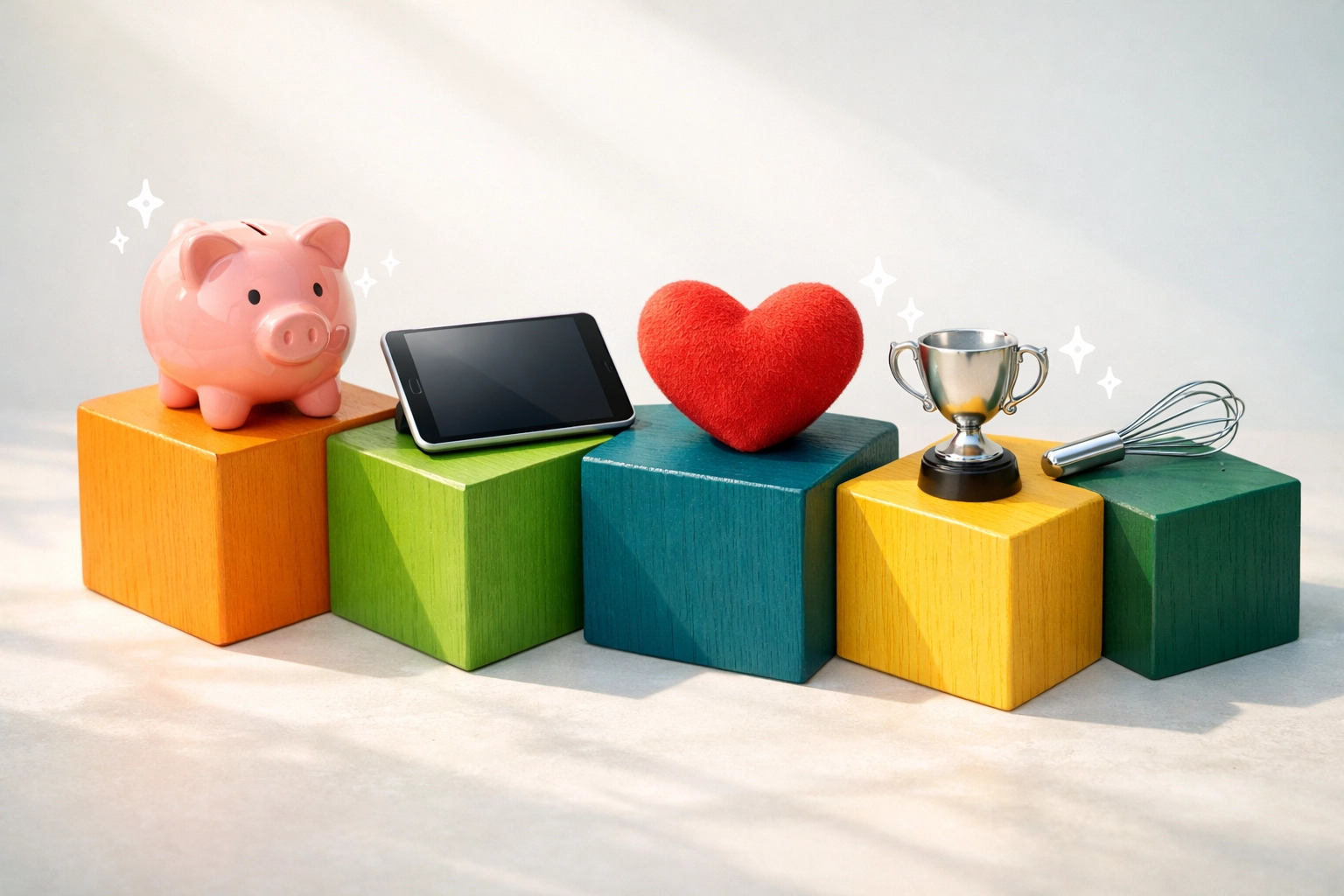 Wooden blocks with a piggy bank and tablet showing essential life skills pillars for children.