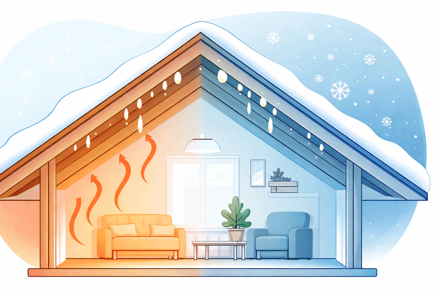 Cross-section illustration of a house loft in winter showing warm air, cold roof, and condensation risks.