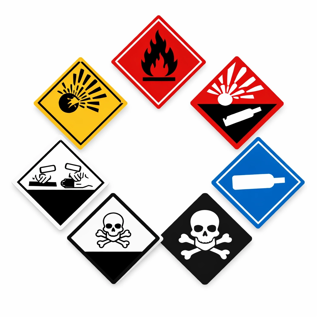 ADR hazard warning diamonds showing Classes 2-9 dangerous goods symbols
