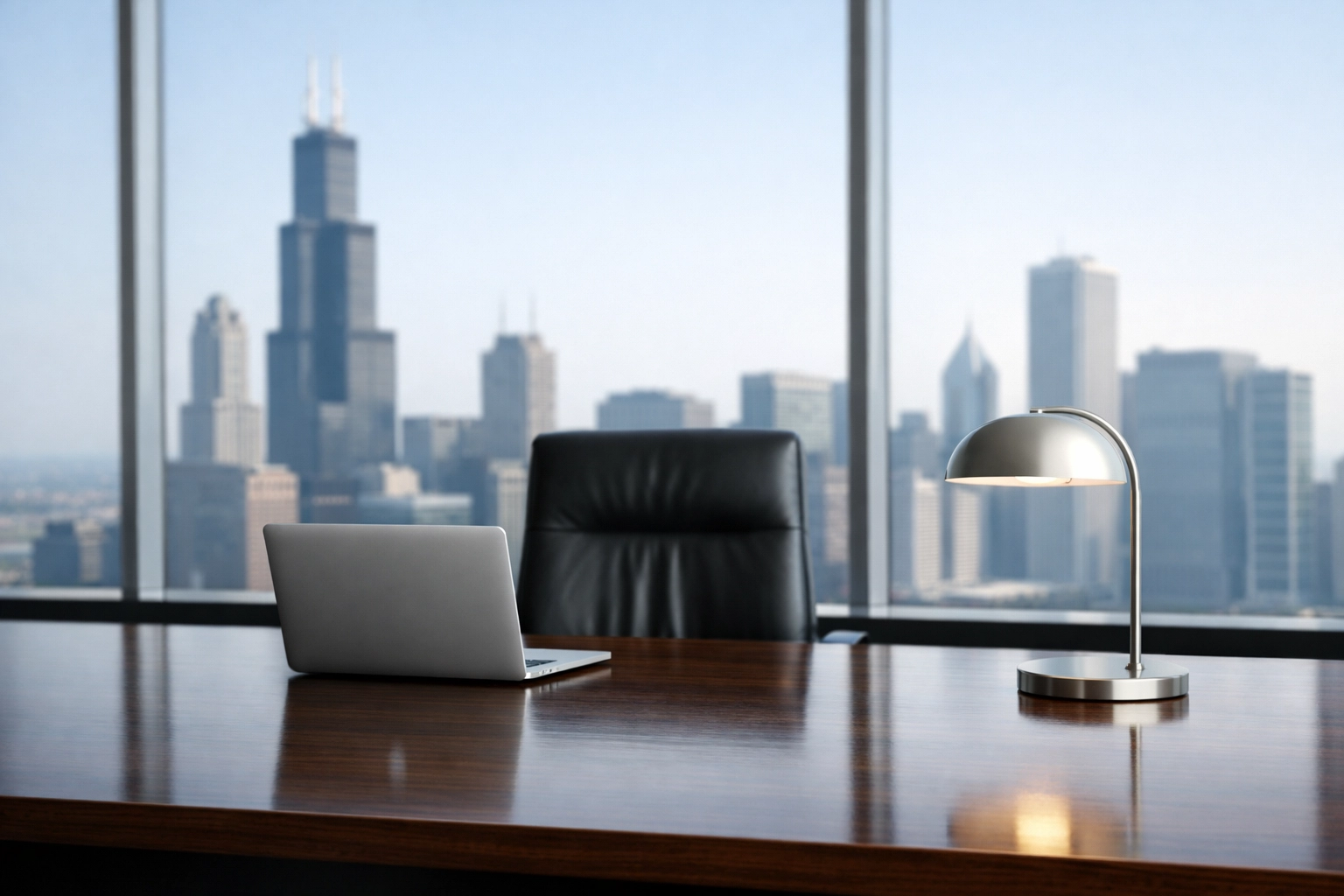 Clean and organized executive desk in a professional Chicago office with a city skyline view.
