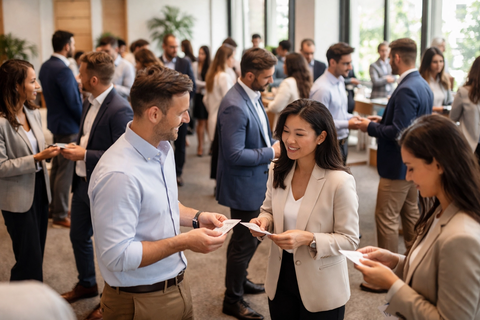 Business professionals networking in small groups at a conference, illustrating traditional business networking.