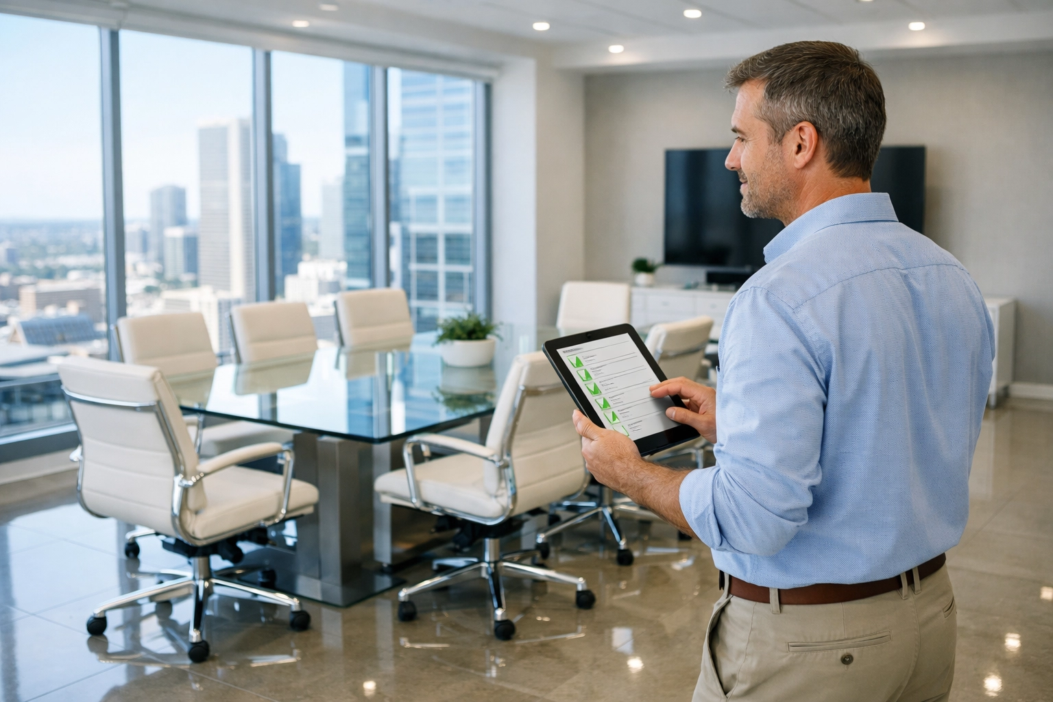 Property manager conducting quality inspection of cleaned office space with digital checklist