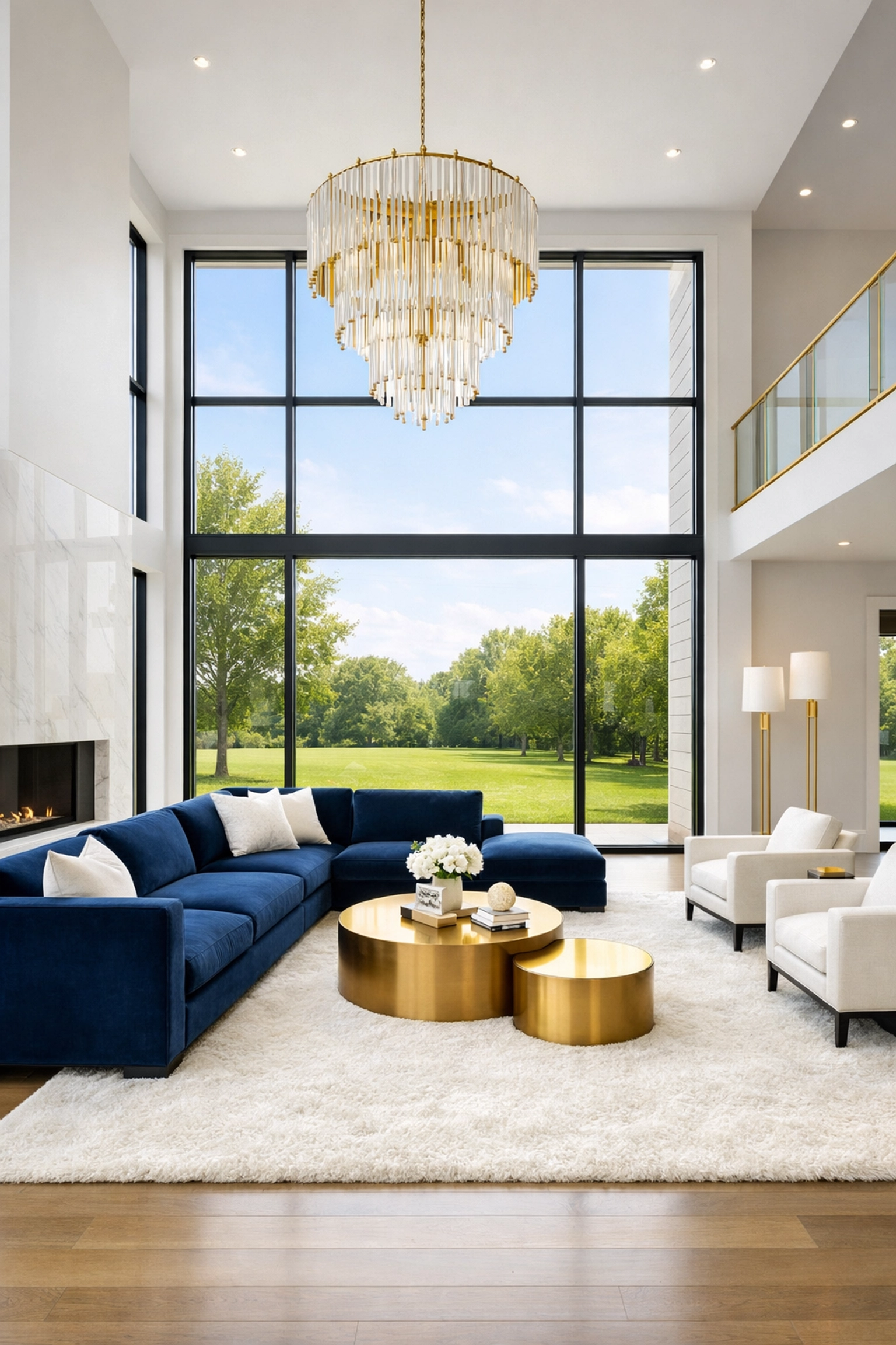 A spotless grand living room with high ceilings, showcasing premium house cleaning in a Dover estate.