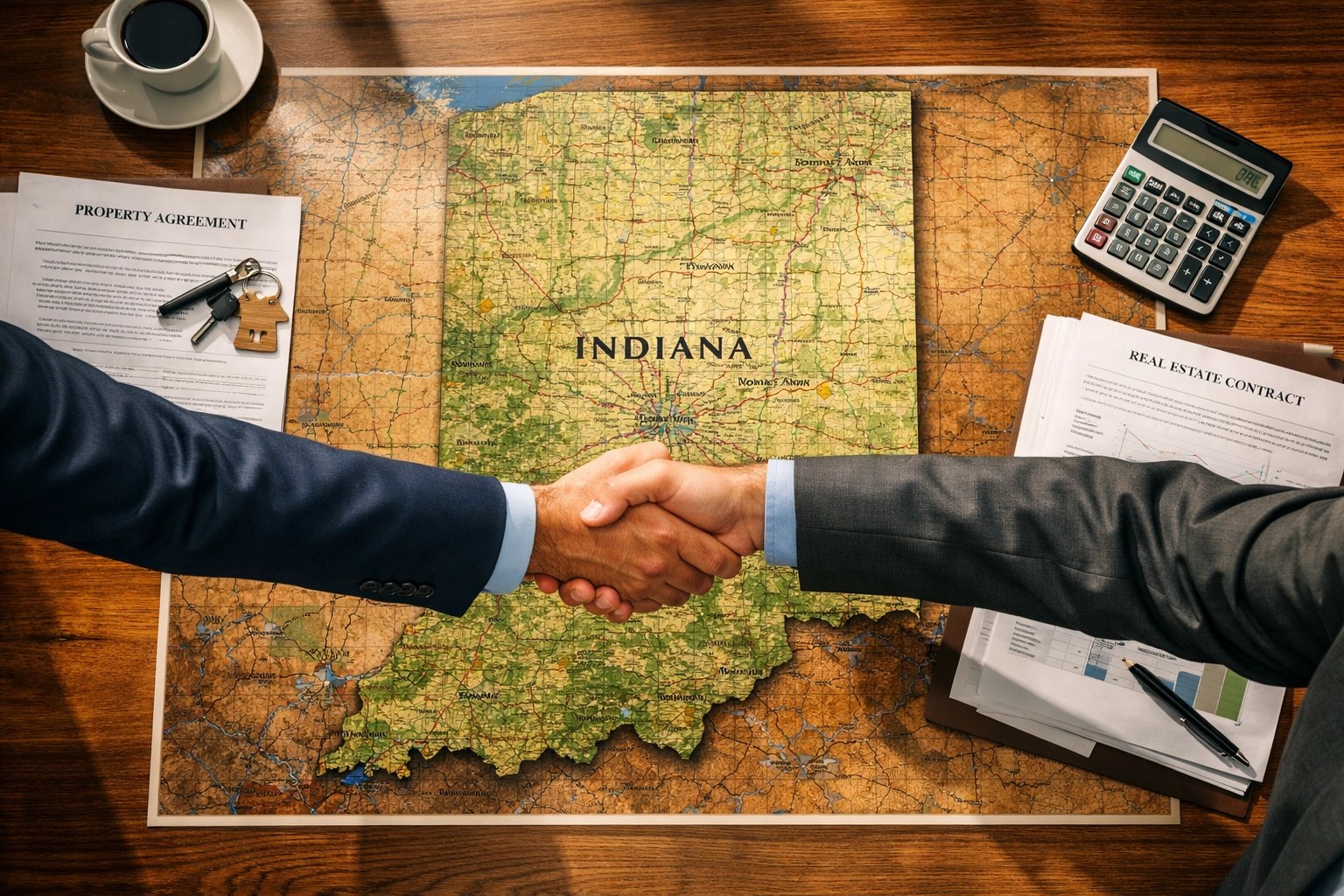 Business professionals negotiating off-market land deal over Indiana property map